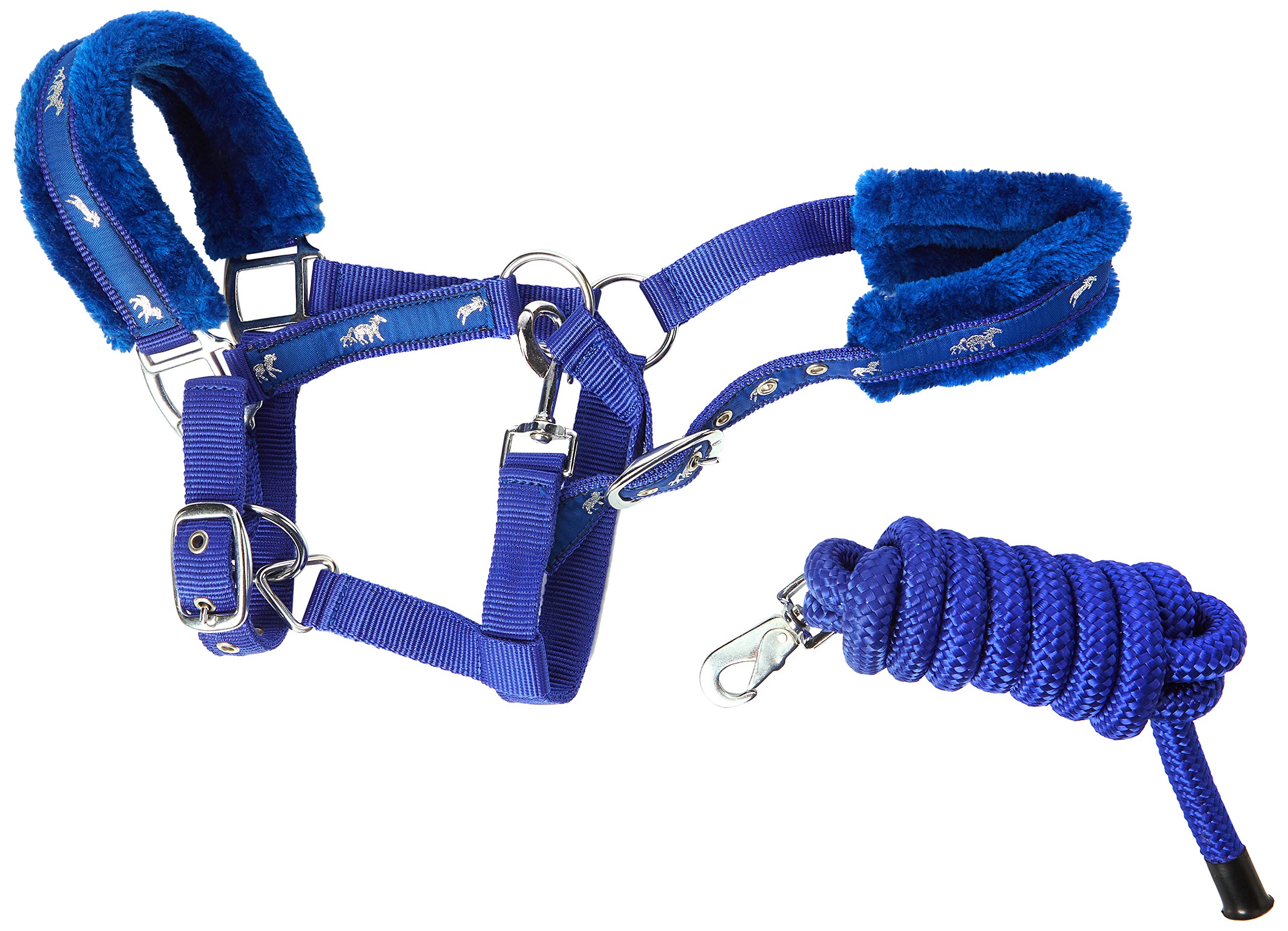 Cwell Equine NEW Horse print fur padded headcollars halter + matching lead ROYAL BLUE (COB)