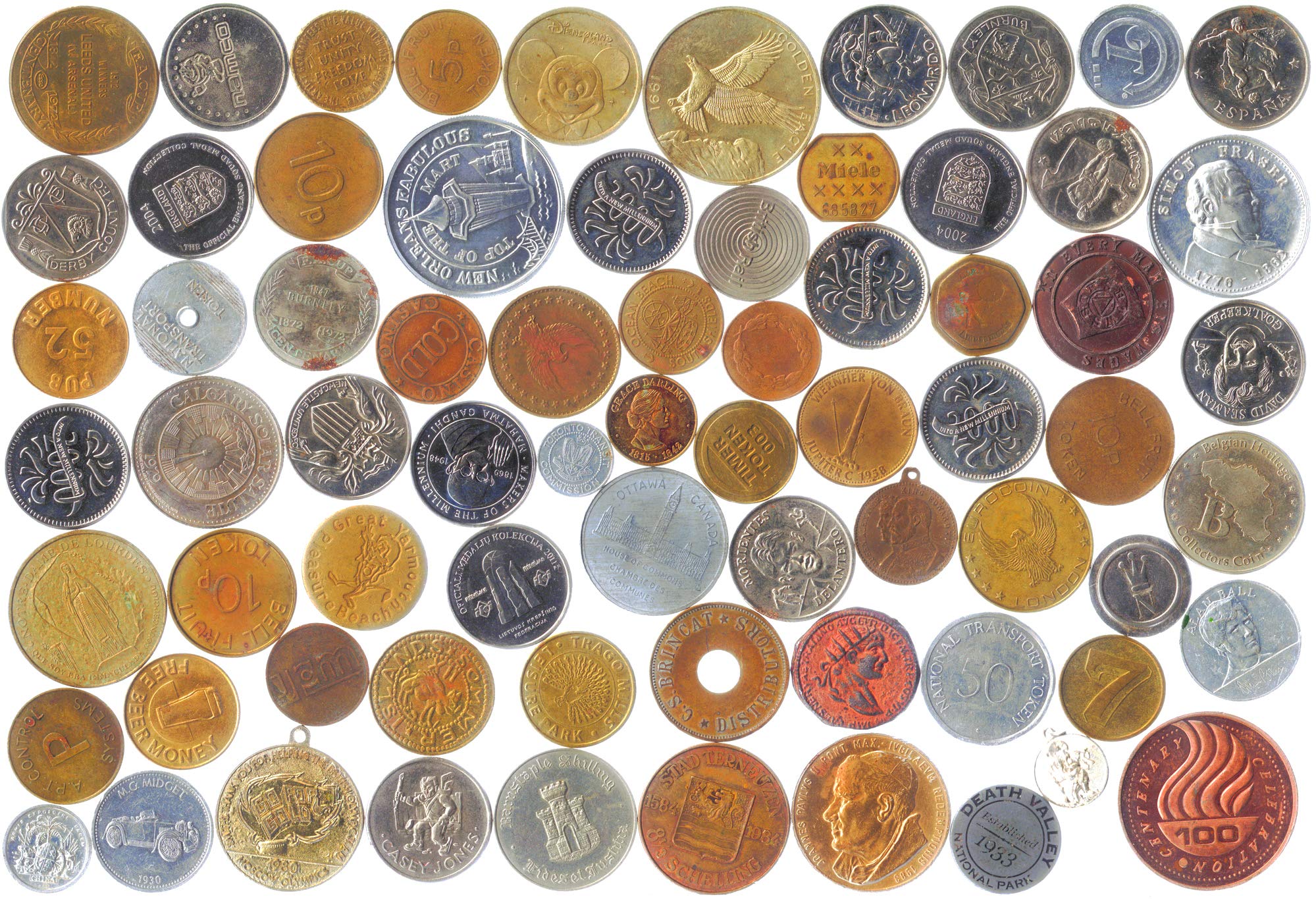 100 PCS MIX OF EXONUMIA: TOKENS, MEDALS, SOUVENIR MEDALLIONS, ELONGATED COINS...