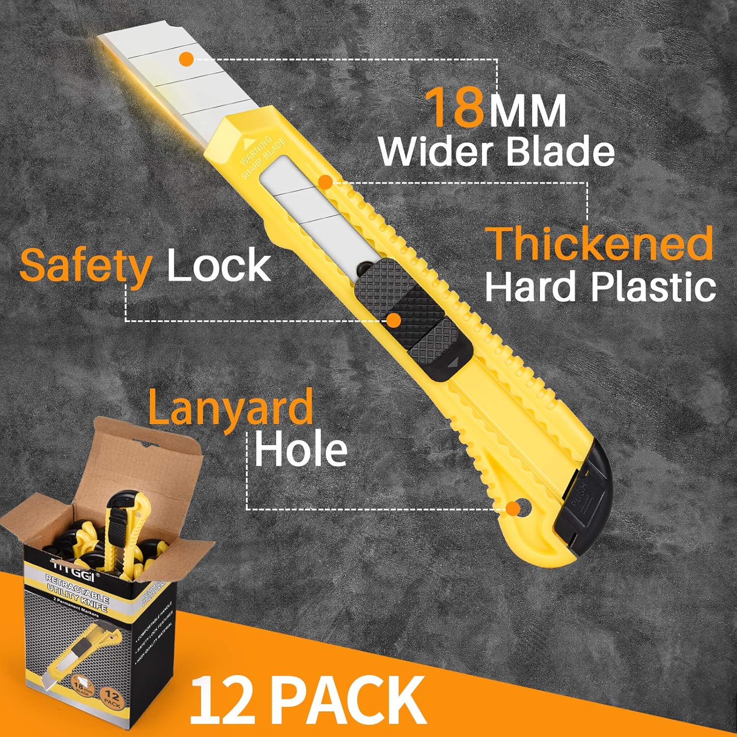 12-Pack Utility Knife, 18mm Wide Blade Retractable Box Cutter for Cartons, Cardboard and Boxes, Suitable for Office, Arts Crafts and Home Use (2 Permanent Markers Included) - - 