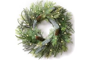 DECOR BY HANNAH Decorbyhannah Christmas Wreath, 20 inch Prelit Real Touch Norfolk Pine Christmas Wreaths for Front Door, Aritificial Cypress Christmas Wreath with Lights for Outdoor Window Table Holiday Decorations