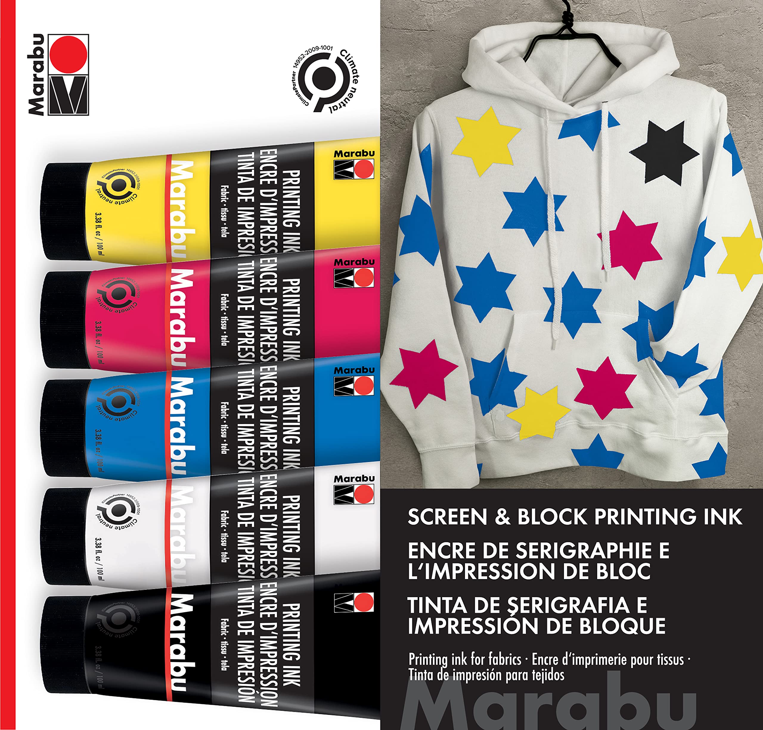 Marabu Fabric Screen Printing Ink Set – 5 Water-Based Colors: Yellow, Magenta, Cyan, Buff Titanium Light, Carbon Black – 100ml (3.38 fl oz) Tubes