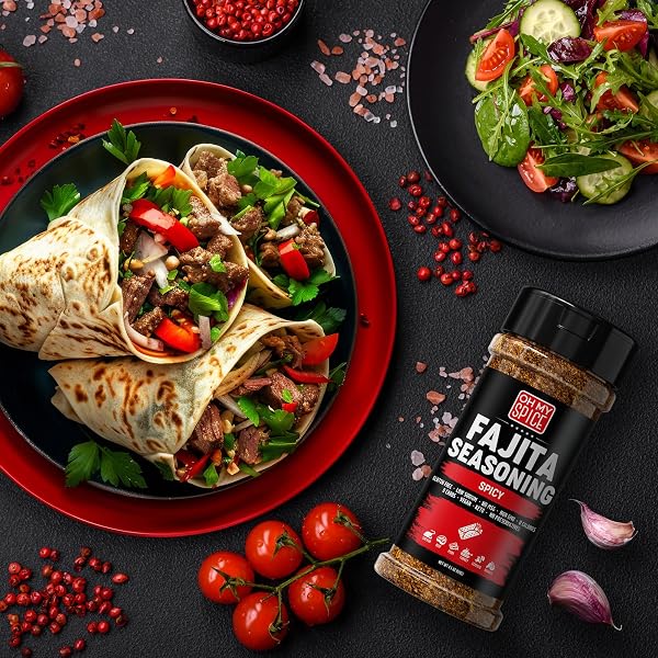 FAJITA SEASONING MIX SPICY CHILI POWDER – GLUTEN FREE & LOW SODIUM MEXICAN SEASONING BLEND FOR MEAT, VEGETABLES, STEAK & CHICKEN FAJITA. TACO SEASONINGS MIX SPICES. HOT FAJITAS SEASONINGS SPICE. 4.5OZ