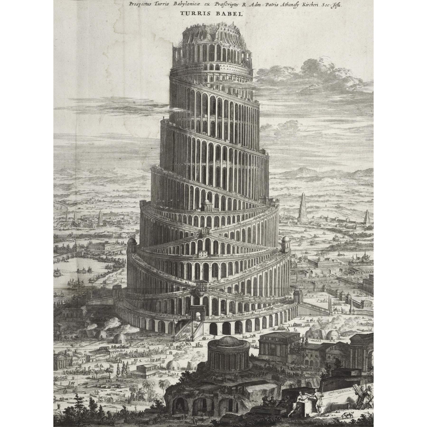 Kircher Tower Babel Biblical Myth Engraving Large Wall Art Poster Print Thick Paper 18X24 Inch