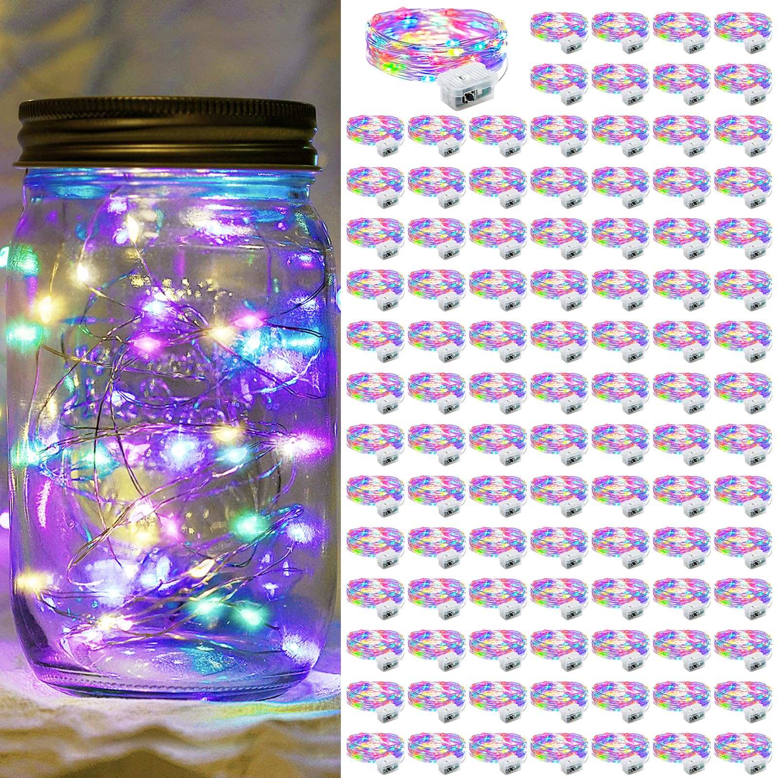 chzk Fairy Lights 7Ft 20 LED Twinkle String Lights 3 Modes Battery Operated Waterproof Firefly Starry for Mason Jar Party Wedding Christmas Valentines Day Table Centerpieces(Rainbow,100 Pack) Image