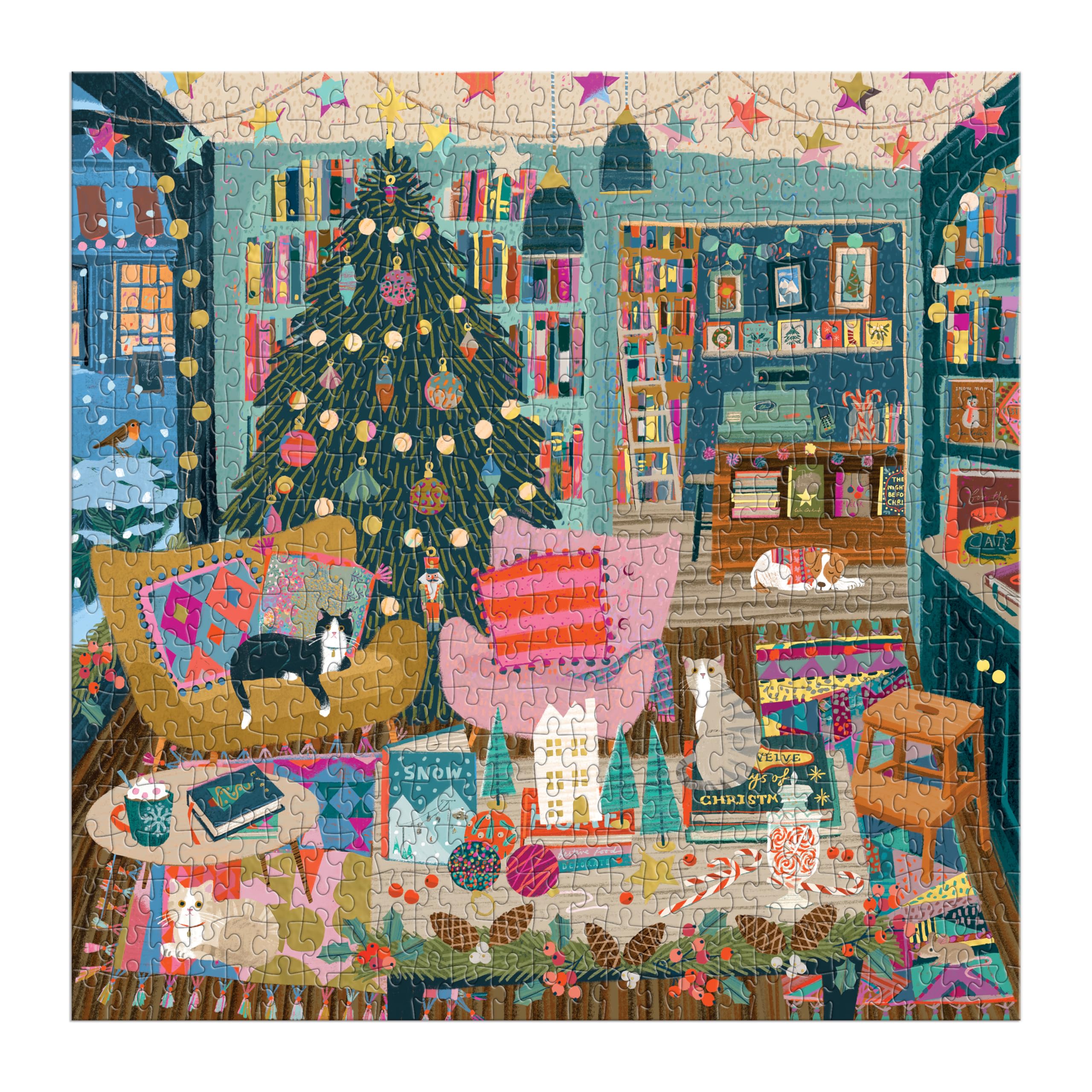 Galison Season's Reading – 500 Piece Foil Jigsaw Puzzle Featuring Beautiful Artwork of A Cozy Christmas Bookshop Scene with Gold Foil Accents
