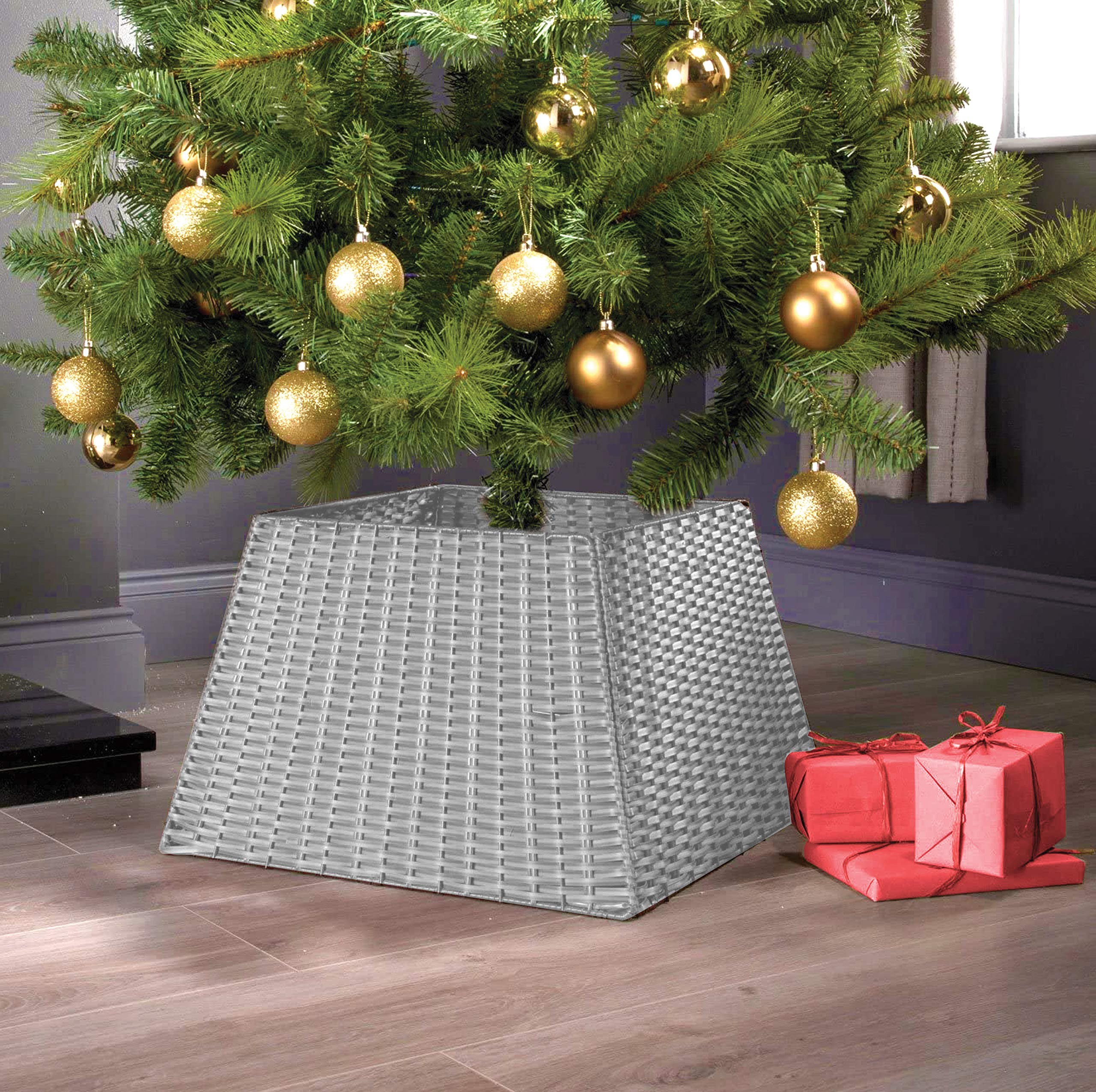 FiNeWaY Christmas Tree Wicker Skirt Willow Rattan Xmas Festive Wicker Stand Base Basket Cover Perfect for Indoor Use Tidy Decor Folds For Easy Storage (Grey)