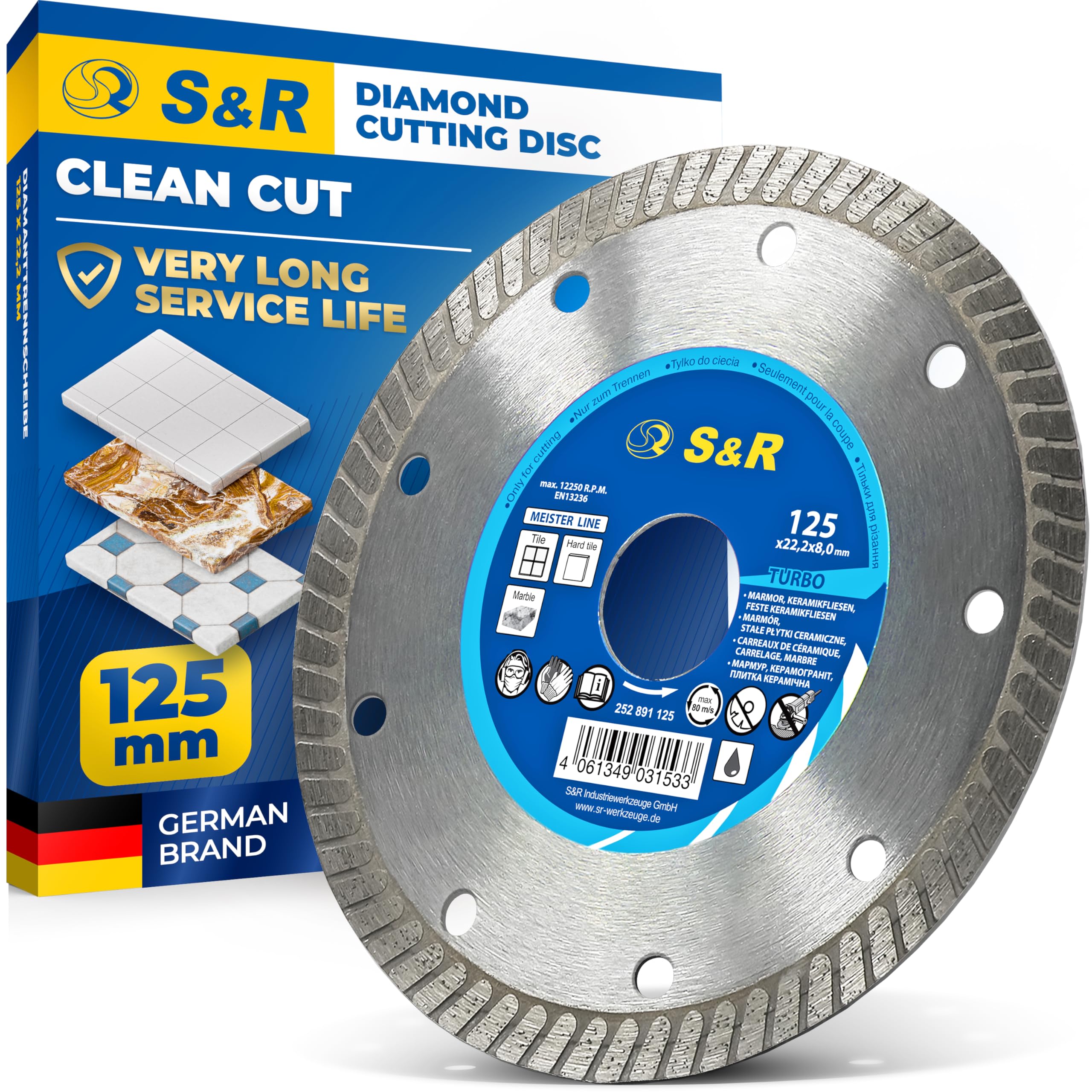 S&R Diamond Cutting Disc 125 x 1.6 (5.5) x 22.2 Saw Blade for cutting CERAMIC, hard ceramic, tiles, marble, granite, tiles, limestone and other hard materials. Professional quality