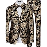 MAGE MALE Mens Suits Dress Floral Tuxedo Slim Fit 3 Piece Suit 2 Button Prom Party Blazer Vest Pants Set with Bow Tie