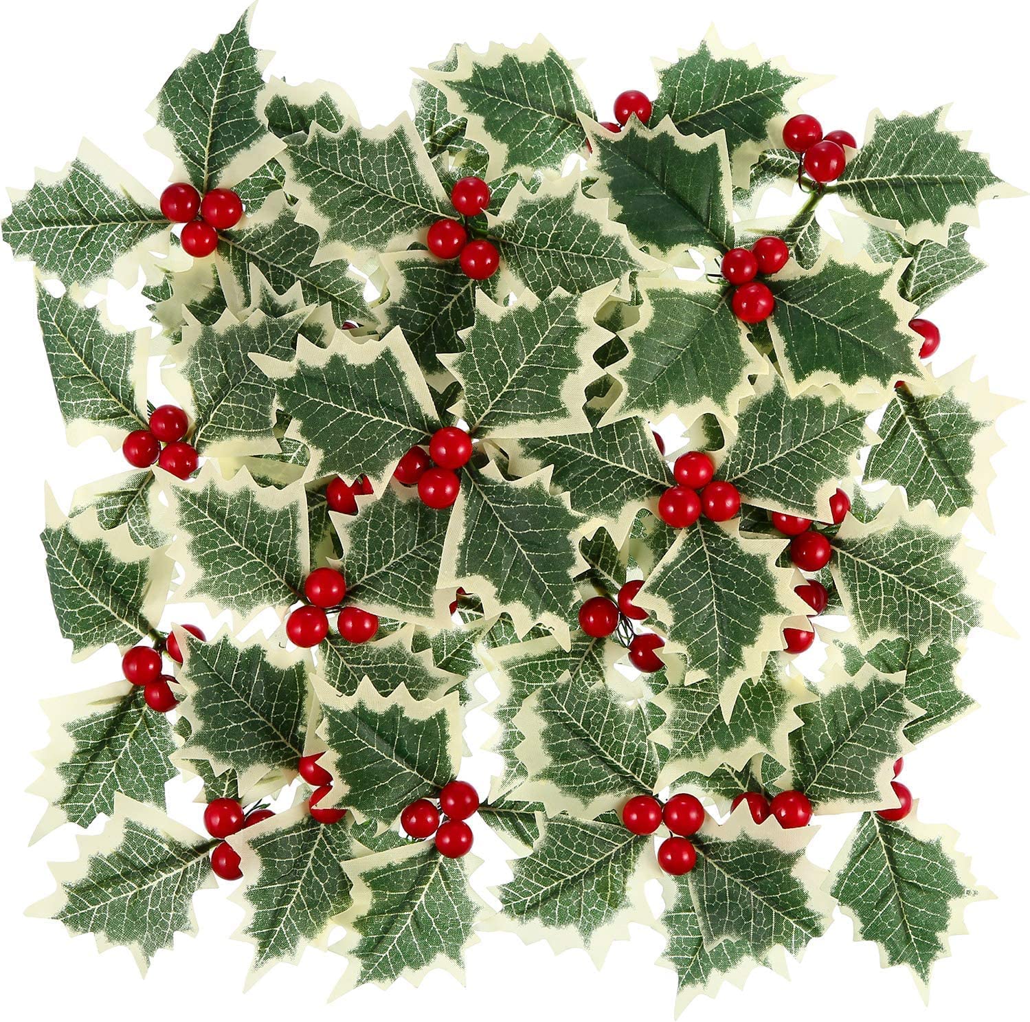30pcs Christmas Artificial Holly Berries with Green Leaves, Simulation Holly Berry Green Leaves for Wedding Christmas Wreath Arrangement, Cake Toppers Craft Party Decorations, Artificial Holly Leaves