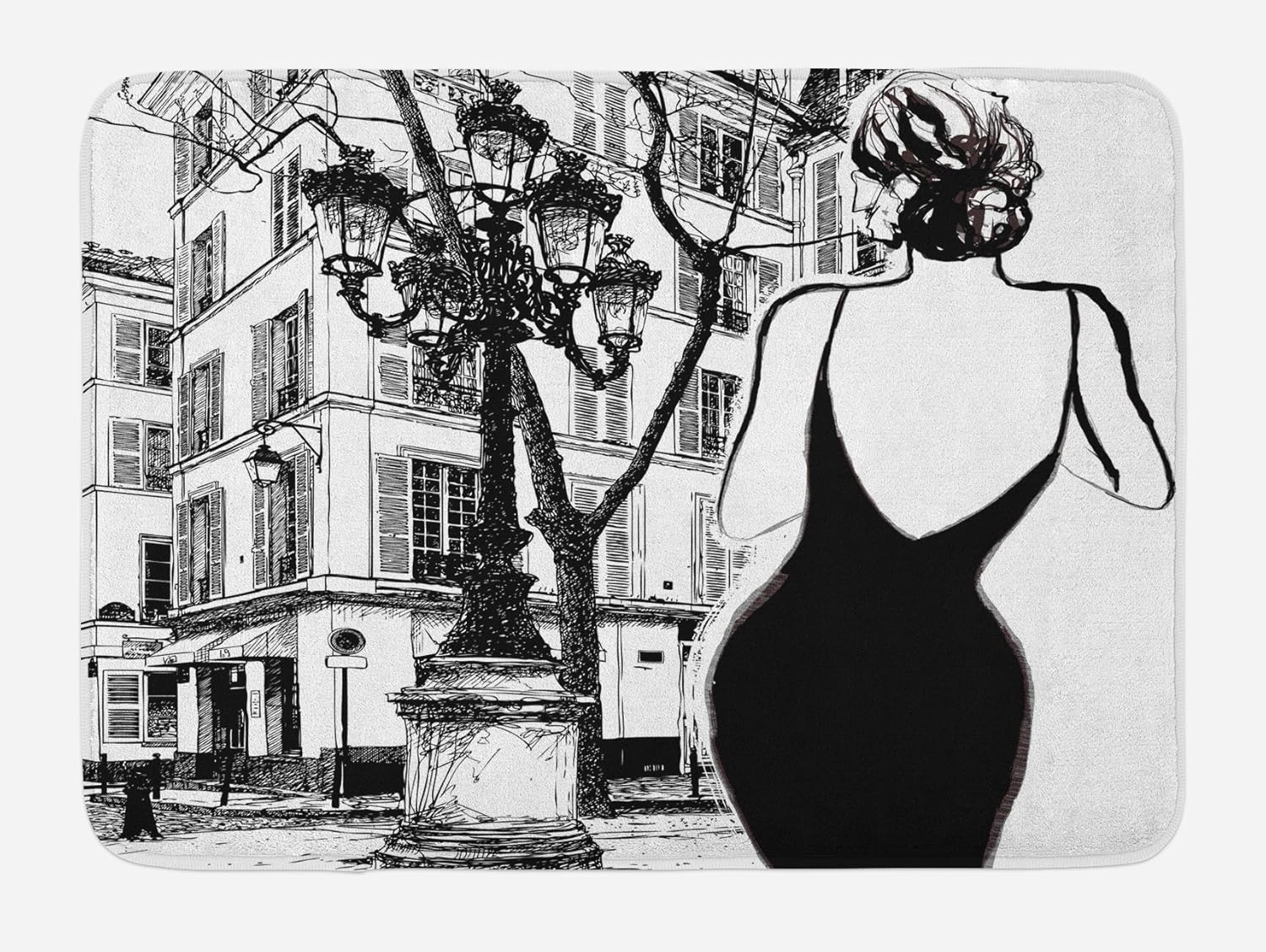 Lunarable Paris Bath Mat, Young Woman in a Black Dress in The Streets of Paris Old Building Facade Cityscape, Plush Bathroom Decor Mat with Non Slip Backing, 29.5" X 17.5", White and Black