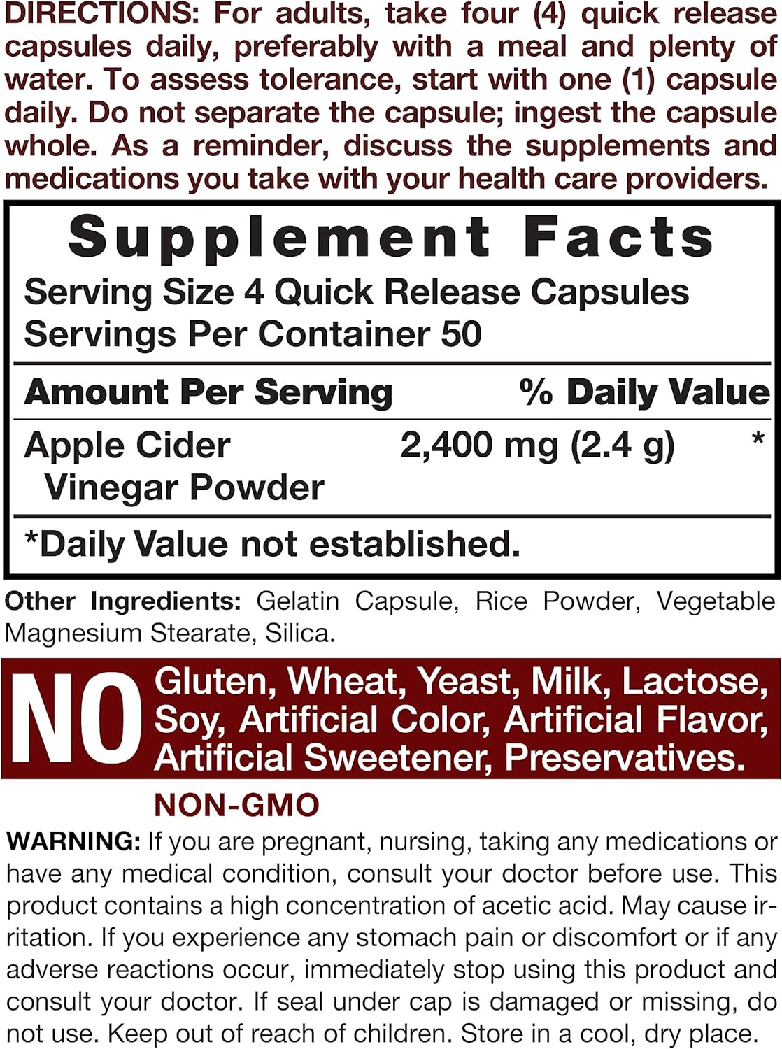 Apple Cider Vinegar Capsules | 2400mg | 200 Pills | Non-GMO, Gluten Free | by Horbaach: Health & Personal Care