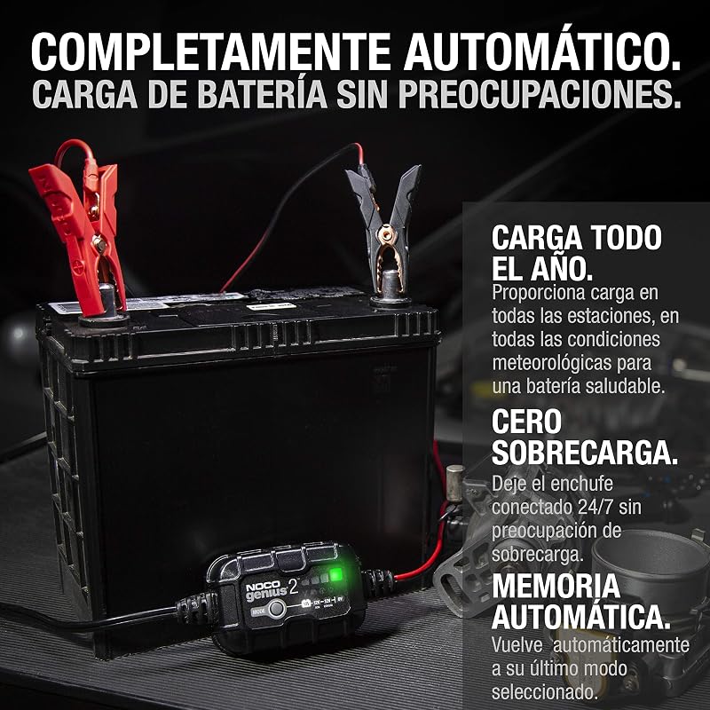 GENIUS2: Cargador Inteligente de baterías 2A 6V/12V – Mantenedor automático y desulfatador – Protección contra sobrecarga y compensación térmica – para baterías de Plomo y Litio