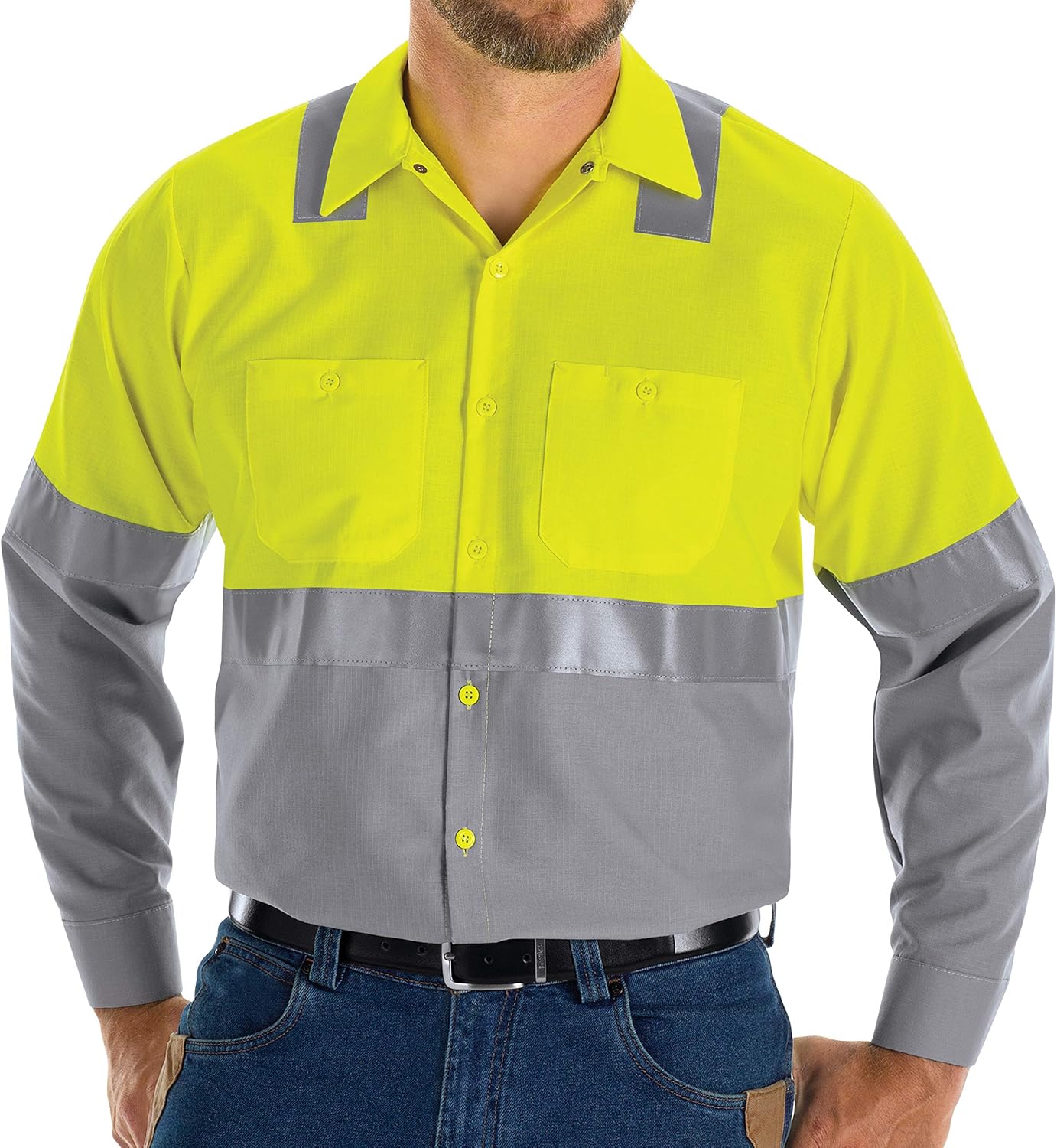 Red Kap Men's Hi-Visibility Long Sleeve Color Block Ripstop Work Shirt-Type R, Class 2: Clothing