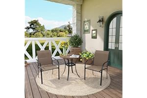 DIFY Outdoor Patio Bistro Dining Set for 2, Walnut Small Round Dining Table & 2 Brown Stackable Metal Chairs with Breathable Fabric, Outdoor Furniture Set for Balcony, Porch, and Deck
