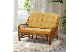 WICKERIX Malibu Lounge Loveseat Sofa Natural Rattan Wicker Handmade Design with Light Brown Cushions, Colonial Color