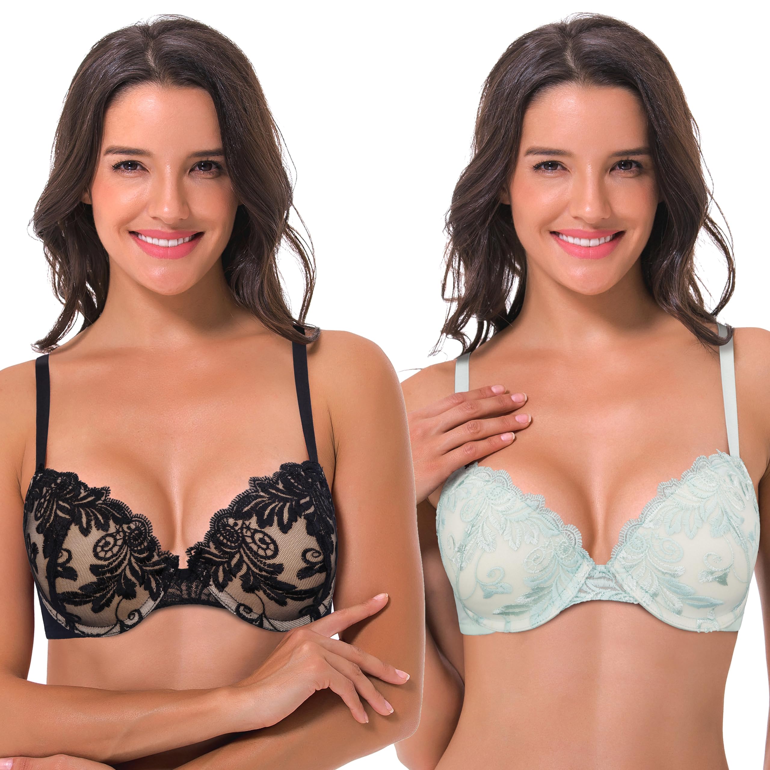 Photo 1 of **ONE ONLY** Curve Muse Women Plus Size Push Up Add 1 and a Half Cup Underwire Lace Mesh Bra--Black Floreal-42D