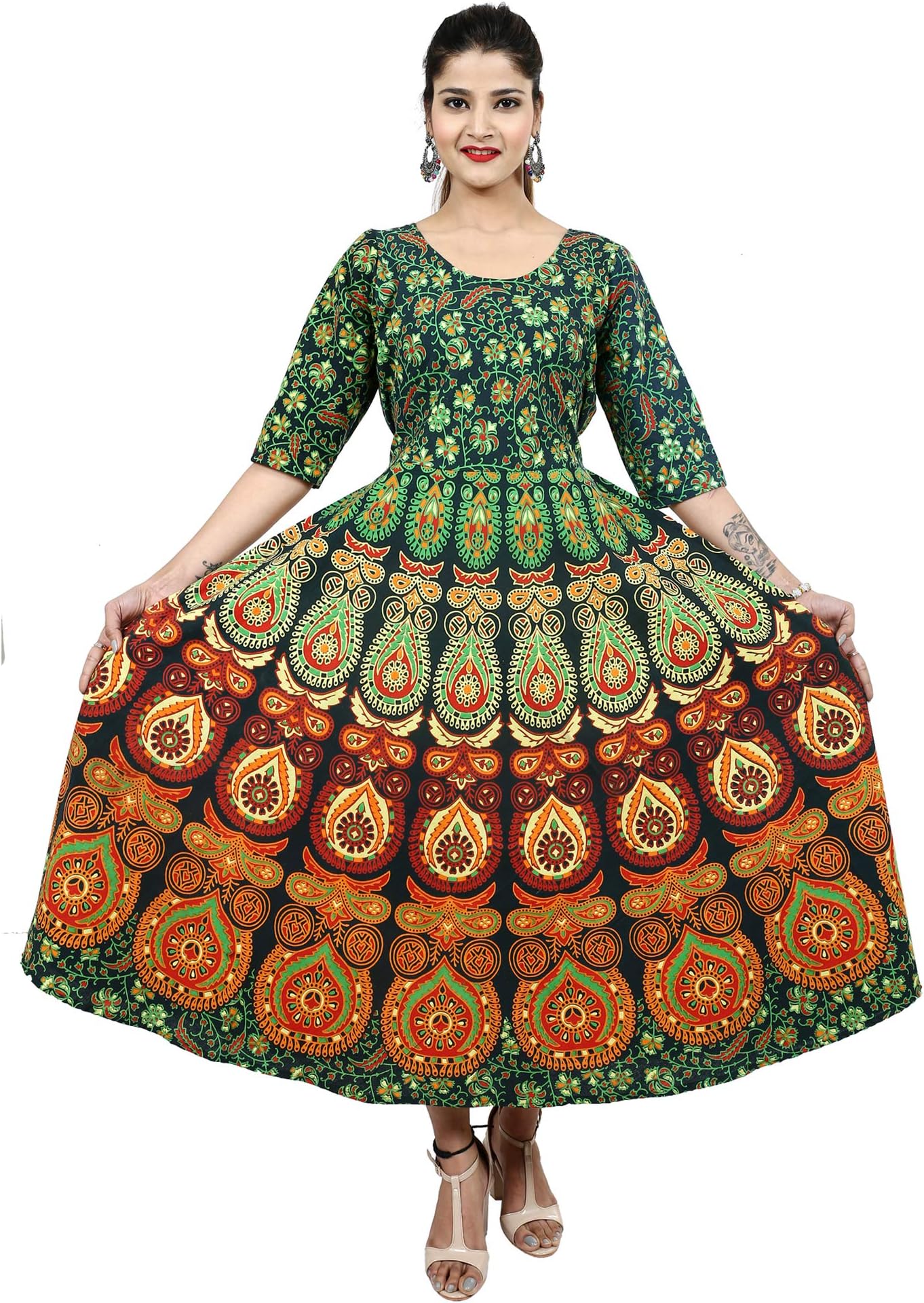 Dhruvi Designer Jaipuri Print Women's Maxi Long Dress with Attached Sleeve