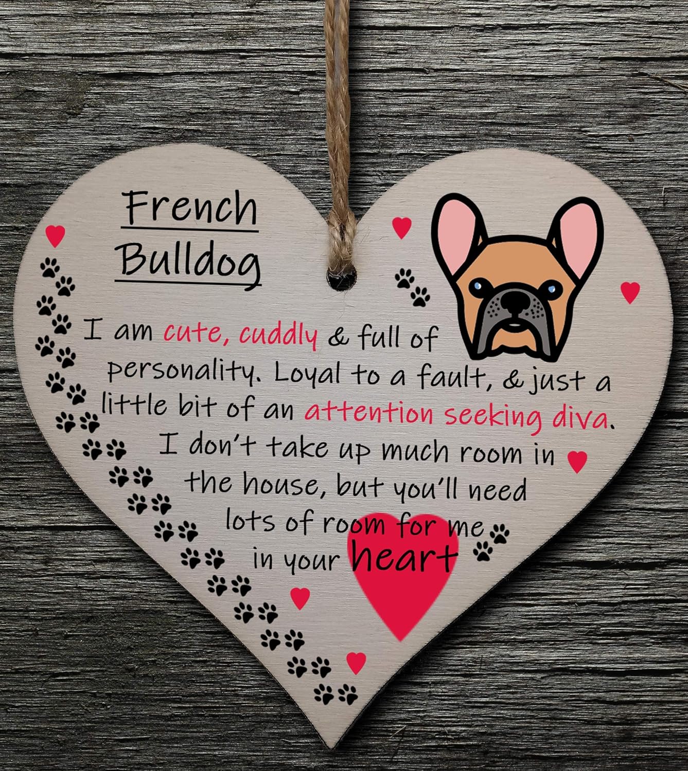 Handmade Wooden Hanging Heart Plaque Gift Perfect for Dog Lovers Pet Keepsake Novelty Decoration, Soft White, French Bulldog - Image 3