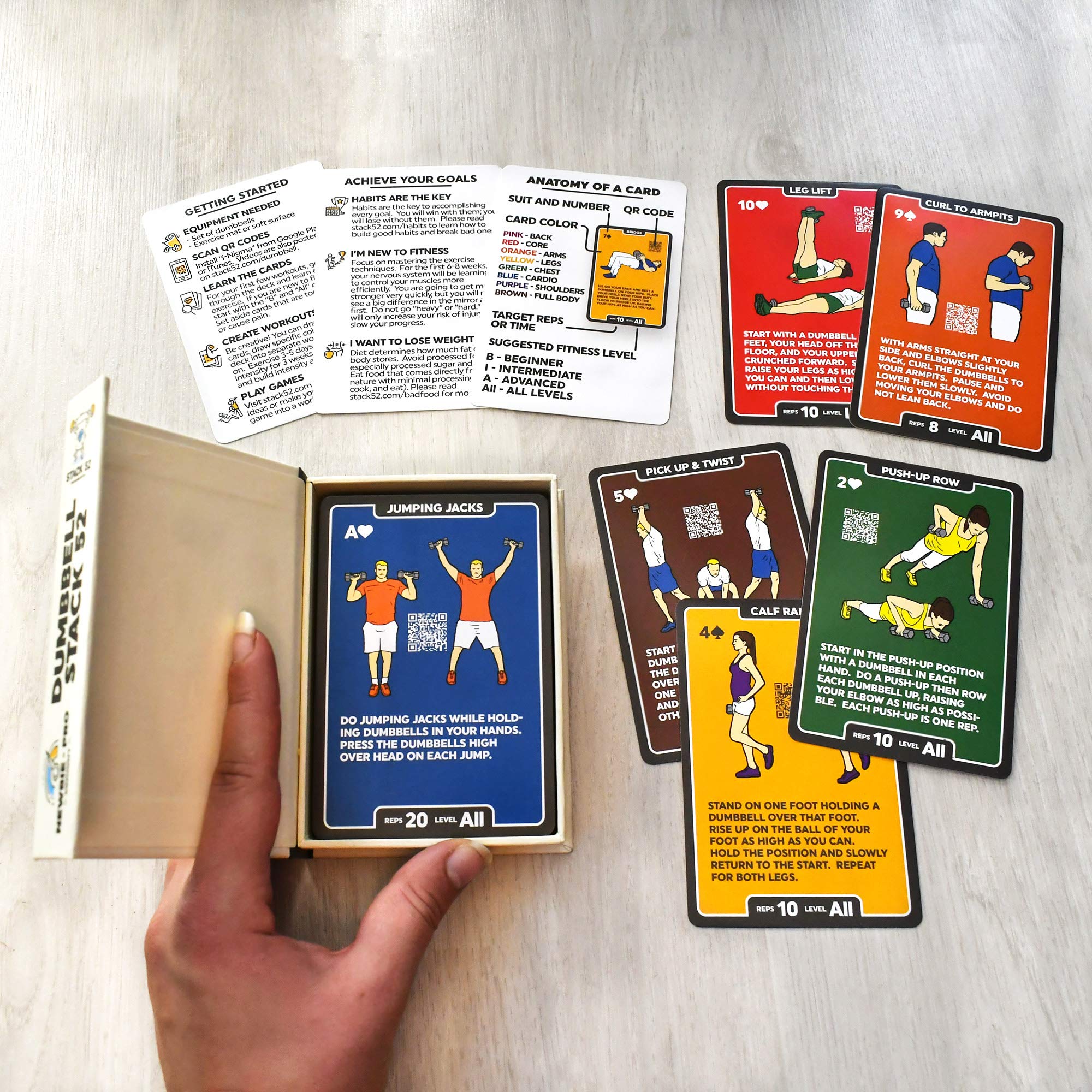 Stack 52 Dumbbell Exercise Cards. Dumbbell Workout Playing Card Game