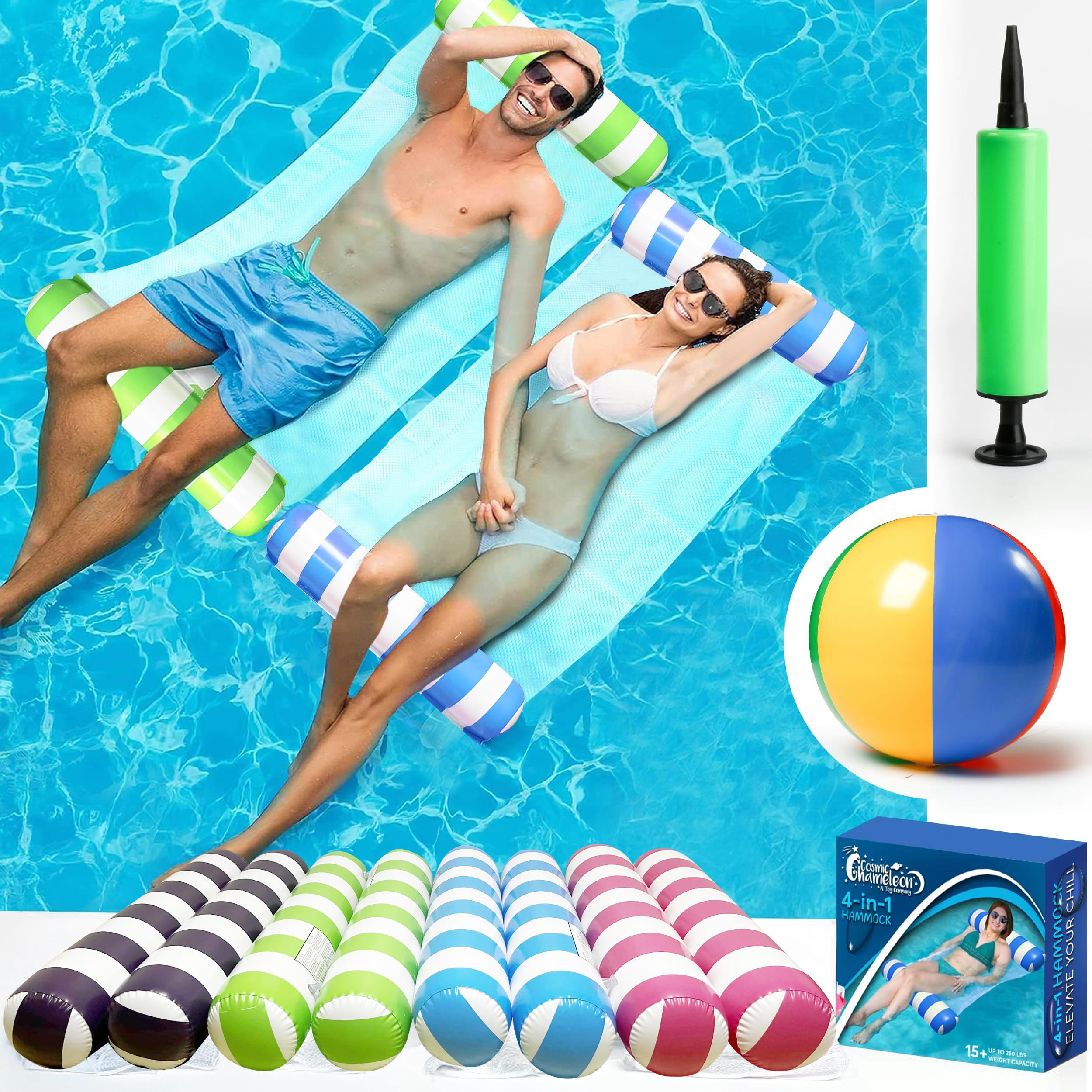 Photo 1 of 4 Pack Inflatable Pool Hammock Floats with Air Pump and Beach Ball, 4-in-1 Water Hammock Chair, Saddle, Lounge, and Drifter, Adult Size Pool Floaties for Swimming Pool