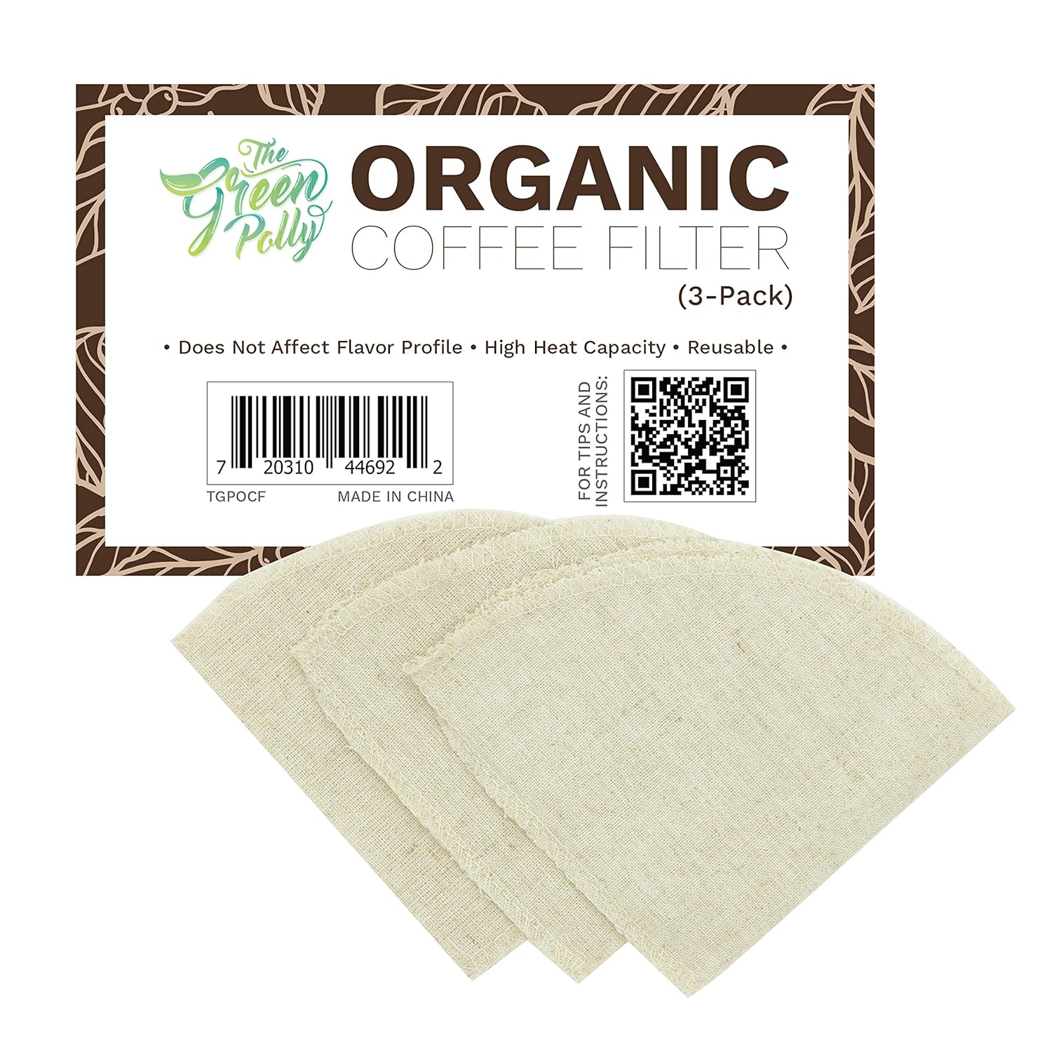 The Green Polly Organic Hemp Cloth Coffee Filter Cone No. 4, 3-Pack, Reusable | Zero-Waste and Eco-Friendly | Anti-Microbial | All-natural Hemp Cotton Cloth Coffee Filters