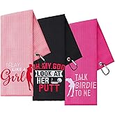 Moukeren 3 Pcs Funny Womens Golf Towels Microfiber Embroidered Ball Towel with Clip for Women Golf Bags Birthday Gifts for Golfball Fan Present