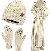 Mens Winter Beanie Hat Long Neck Scarf Touchscreen Gloves Set with Warm Fleece Lined Cap Gifts for Men Cold Weather