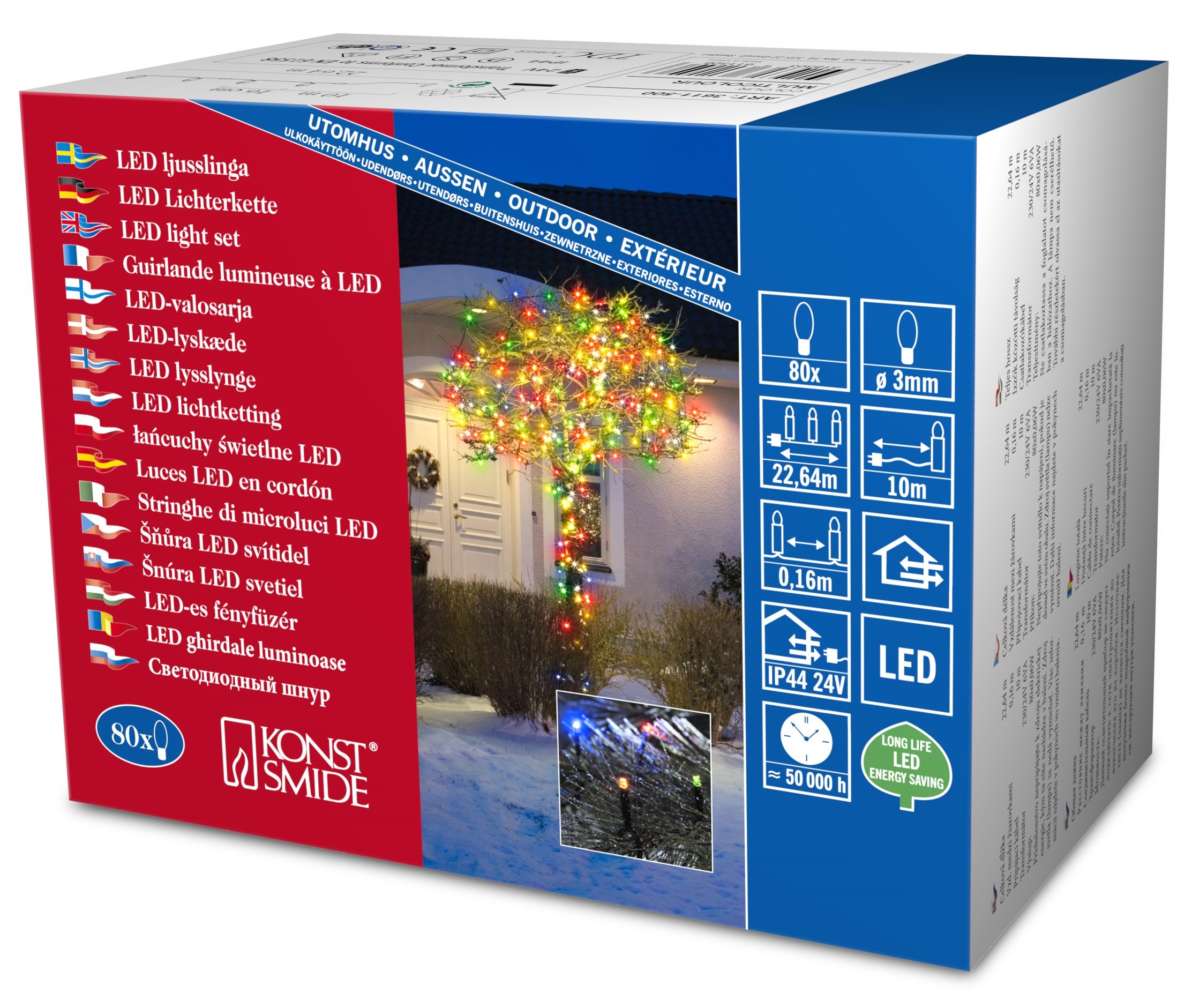 Konstsmide Christmas Lights/LED Fairy Lights/Christmas Tree Lights Outdoor or Indoor (IP44)/24V Transformer Plug In/80 Multi Coloured Diodes/Black Cable String Lights, 3611-500