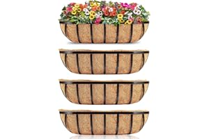 Y&M Window Boxes Horse Trough with Coconut Coir Liner, 24 Inch Window Deck with Coco Liner, Fence Metal Hanging Flower Planter Basket Deck Railing Planter Boxes (24in 4P)