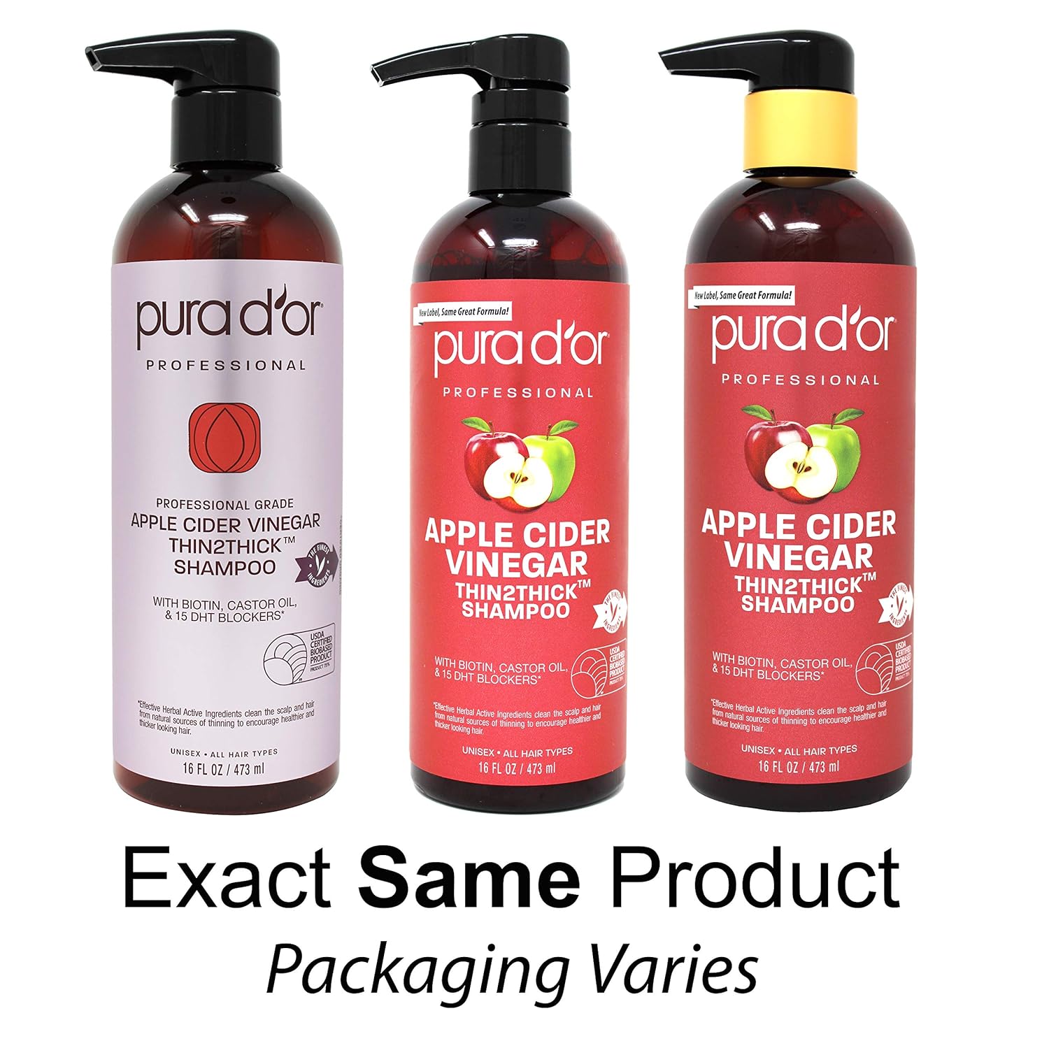 PURA D'OR Apple Cider Vinegar Thin2Thick Set Shampoo Conditioner for Regrowth, Hair Loss, Clarifying, Detox (2 x 16oz) Biotin, Keratin, Caffeine, Castor Oil, All Hair Type, Men/Women, Packaging varies: Beauty