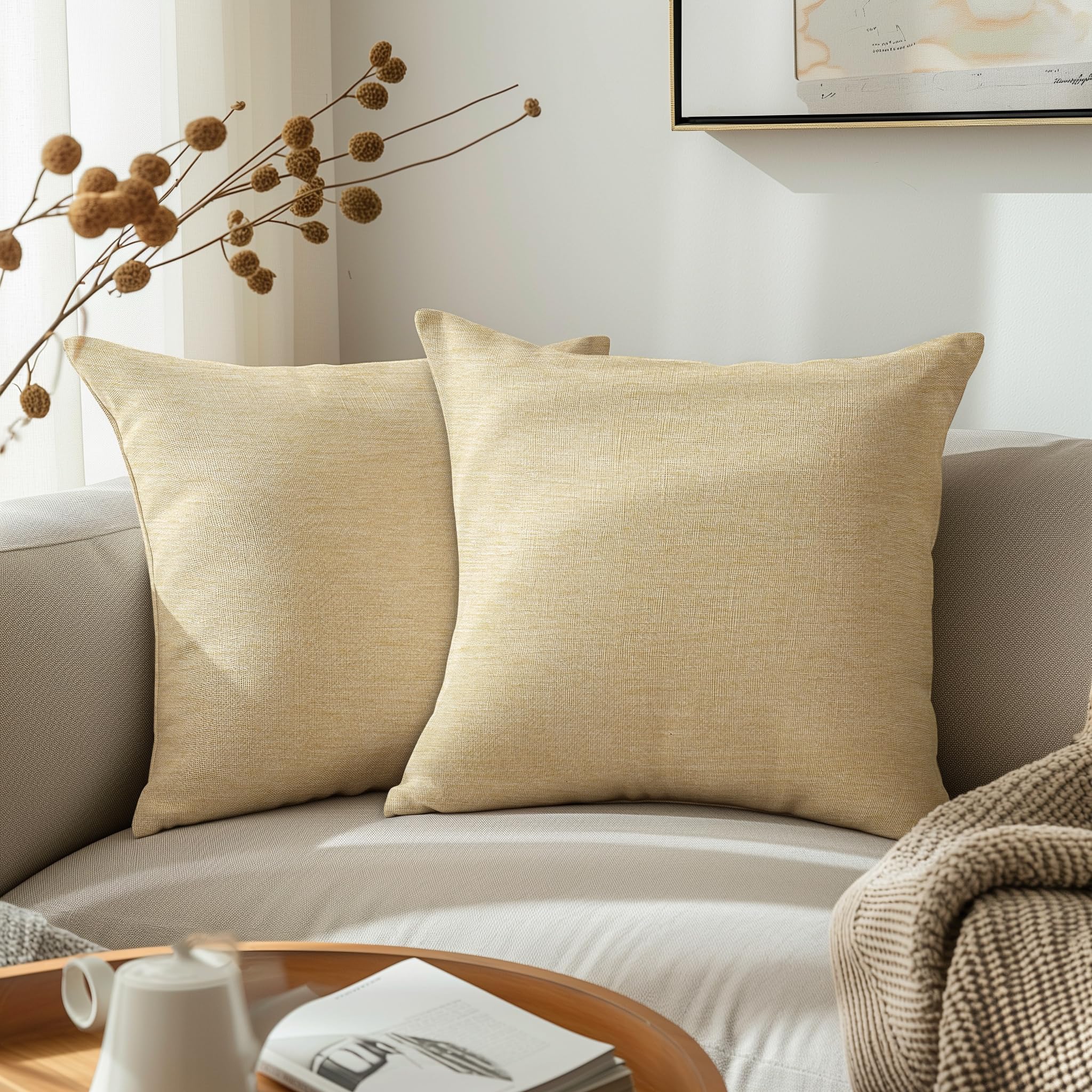 Encasa XO Fine Chenille Throw Pillow Covers 2 pcs Set - Cream- 50x50 cm Textured Solid Colour, Soft & Smooth, Square Accent Decorative Cushion for Couch, Sofa, Chair & Bed