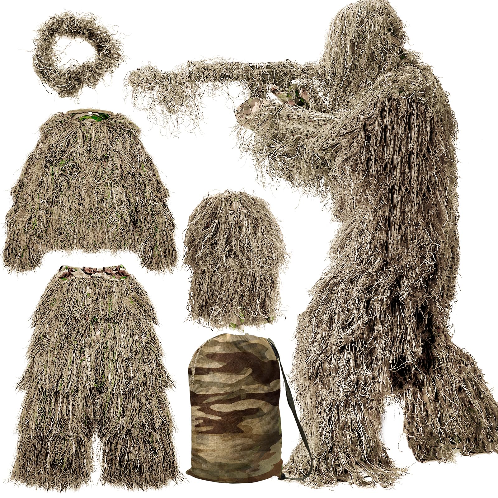 MOPHOTO 5 in 1 Ghillie Suit, 3D Camouflage Hunting Apparel Including Jacket, Pants, Hood, Carry Bag Suitable for Unisex Adults/Youth (M/L/XL/XXL)