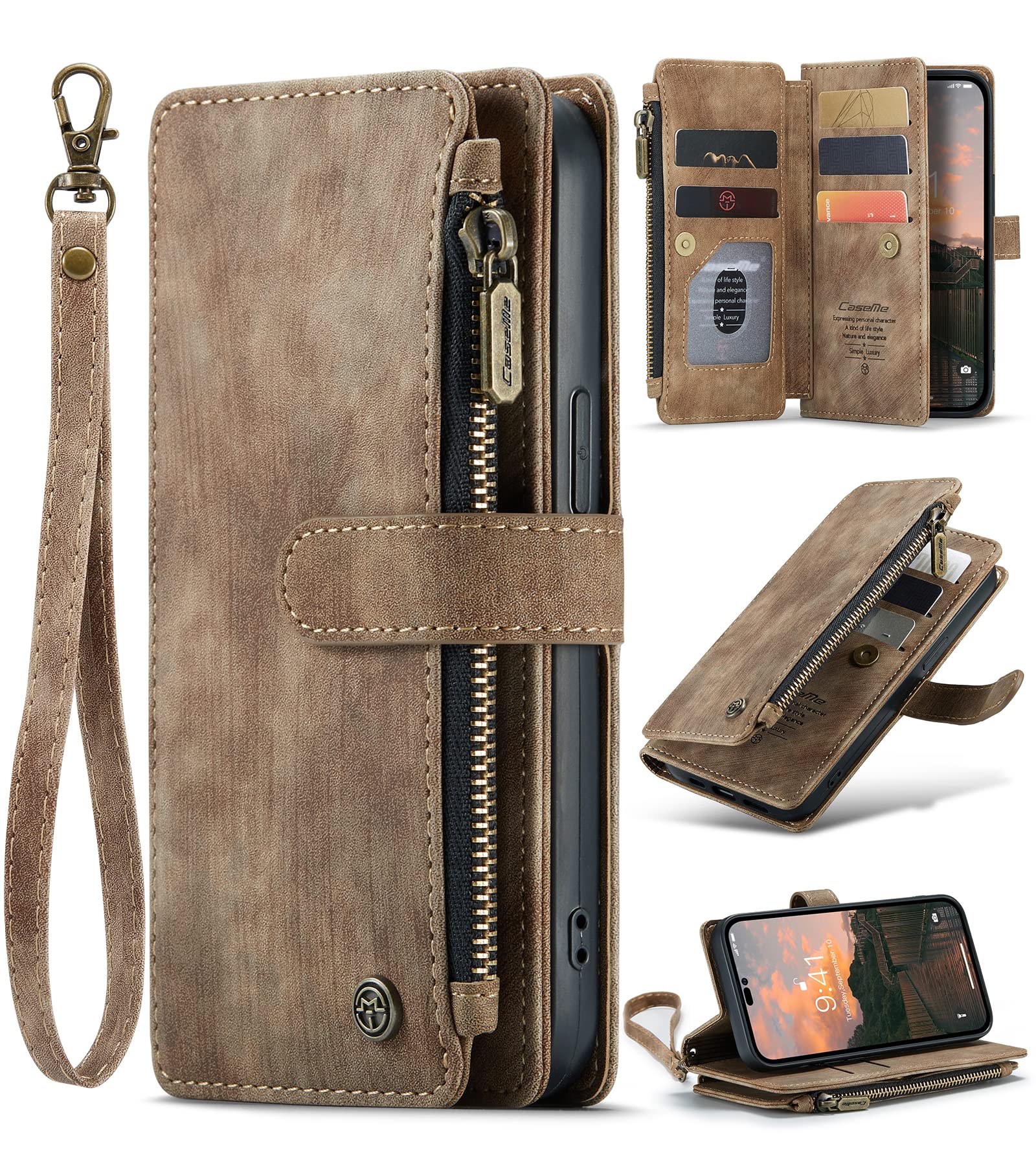 SeNool Case Compatible with iPhone 14 Pro, Premium Leather Wallet Case with [Credit Card Holder Slot] [Kickstand Flip] [Magnetic Closure] Protective Cover Compatible with iPhone 14 Pro - Brown