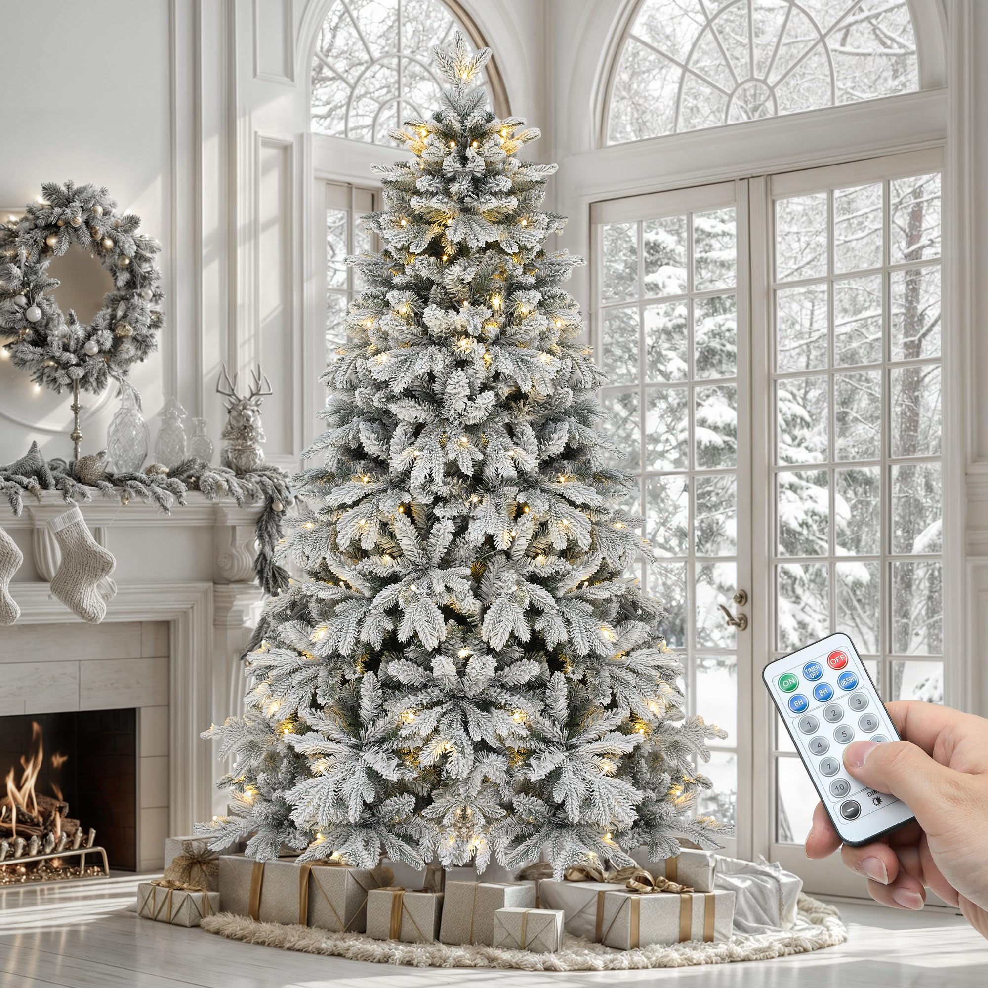 Photo 1 of ***BOTTOM LIGHTS NON-FUNCTIONAL*** YITAHOME Prelit Snow Flocked Christmas Tree 7.5 FT with Remote, Artificial Hinged Canaan Fir Christmas Tree with 1687 PE & PVC Mixed Tips, 330 Color-Changeable Lights for Home Office Holiday Decor