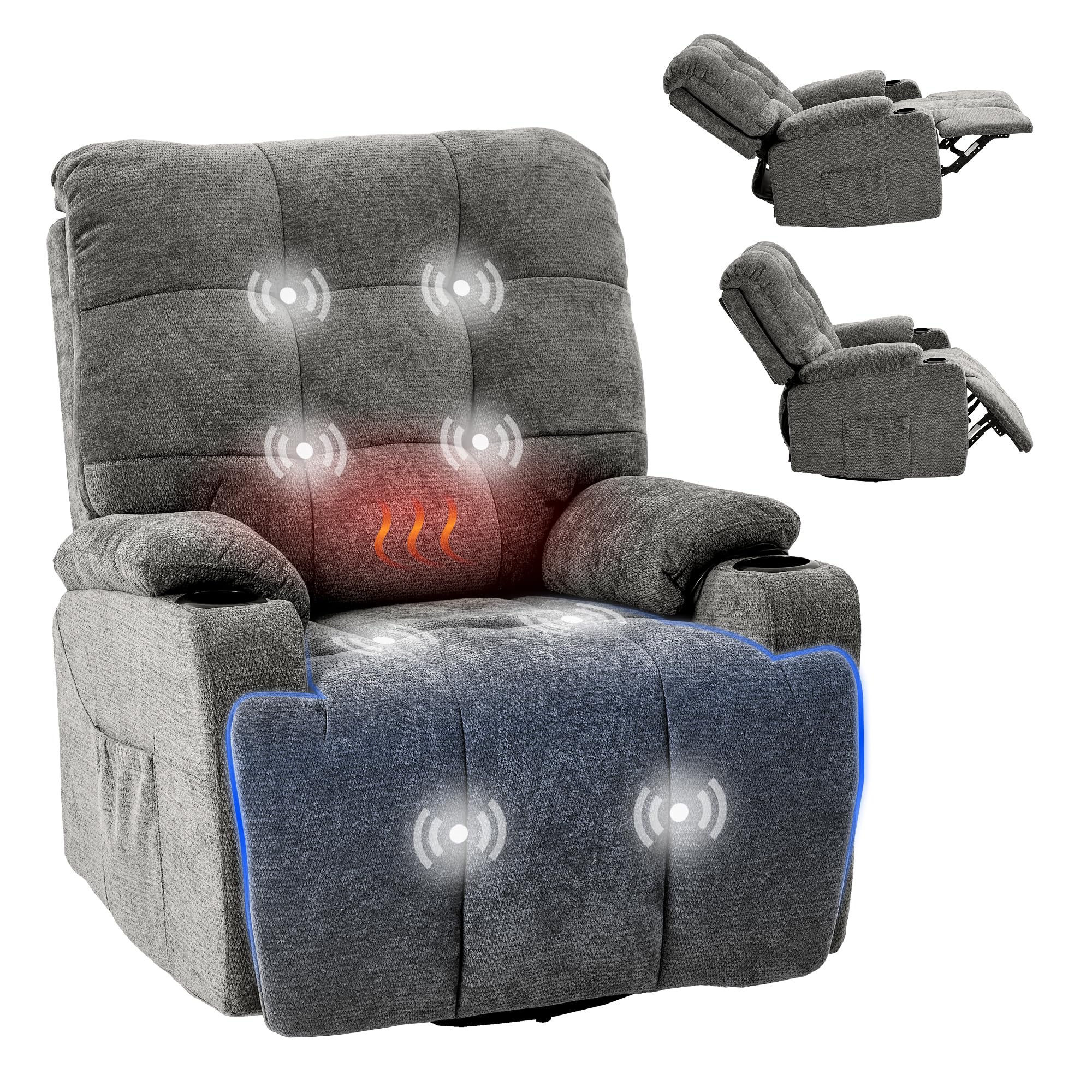 FLEXISPOT Elektrischer Relaxsessel, Massagesessel, Fernsehsessel, 360°drehbar, mit Heizfunktion, 8-Punkt-Massage, USB- und Type-C-Anschluss,105°-165° verstellbar, belastbar bis 200 kg, XR7(Grau)