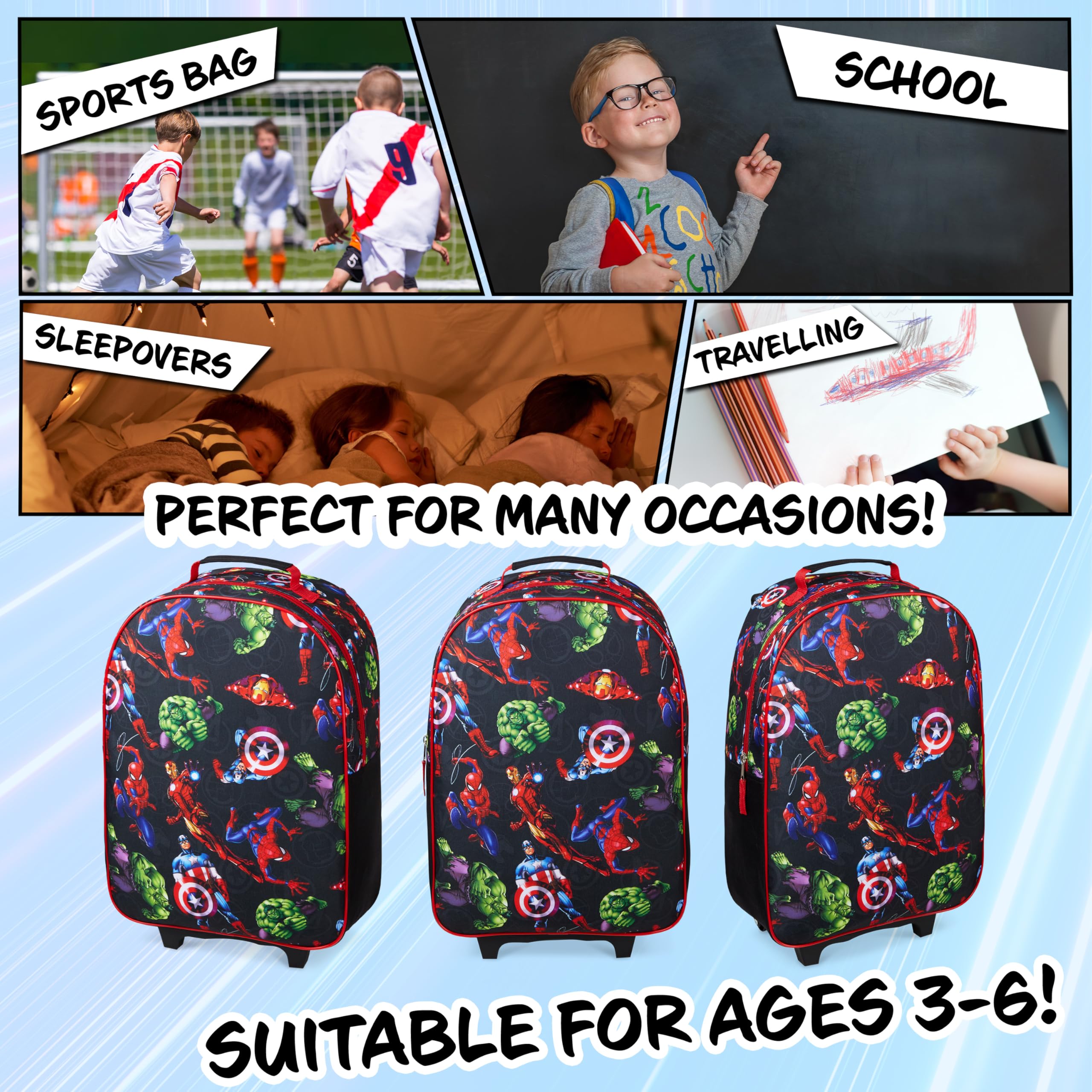 Marvel Avengers Spiderman Kids Suitcase Foldable Carry On Luggage with Wheels Lightweight Travel Trolley Bag for Vacations Trips Gifts for Boys (Multicolor Avengers)
