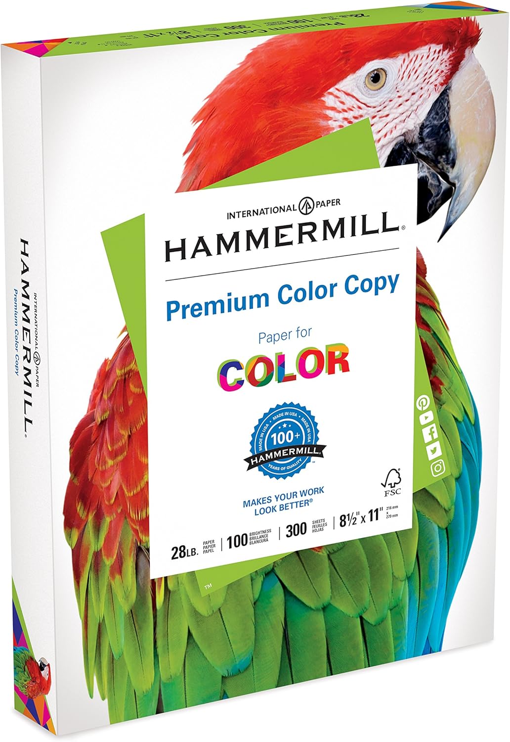 Hammermill Premium Color Copy 28lb Paper, 8.5x11, 1 Pack, 300 Sheets, Made in USA, Sustainably Sourced From American Family Tree Farms, 100 Bright, Acid Free, 102700R : Office Products