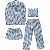 Huar Women Pajama Set, 4 pcs Button Down Vacation Beach Cotton Set, Lounge wear PJ Set For Birthday