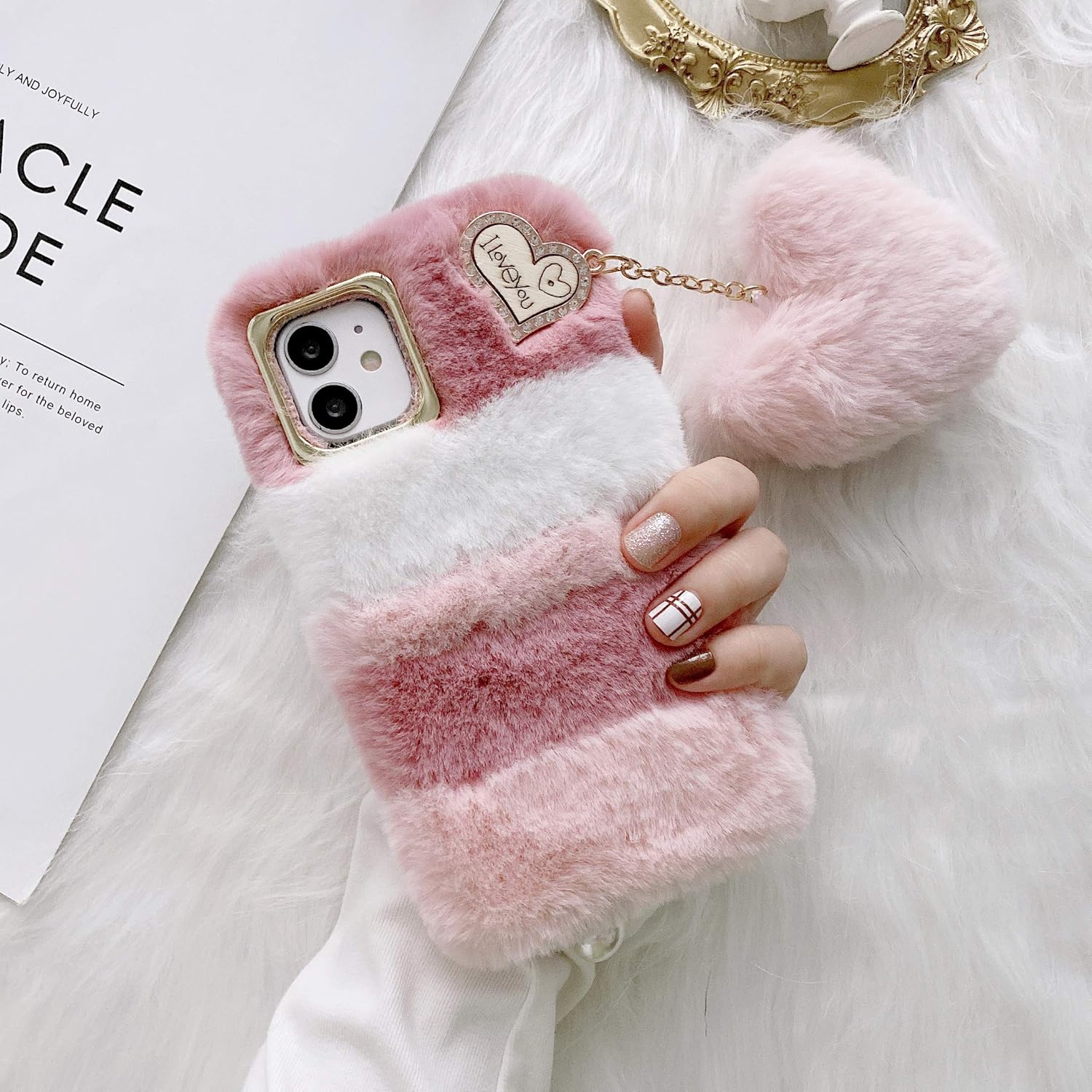 Aweevnye Case Compatible with iPhone 12 Mini, Girly Faux Fur Case with