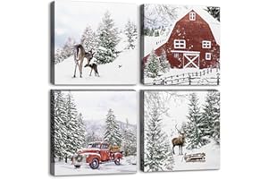ArtbyHannah 12x12 Inch Christmas Canvas Wall Art, 4 Pack Framed Christmas Wall Art, Christmas Wall Decor with Winter Snowy Forest Scene, Vintage Christmas Decorations Indoor for Home Decor
