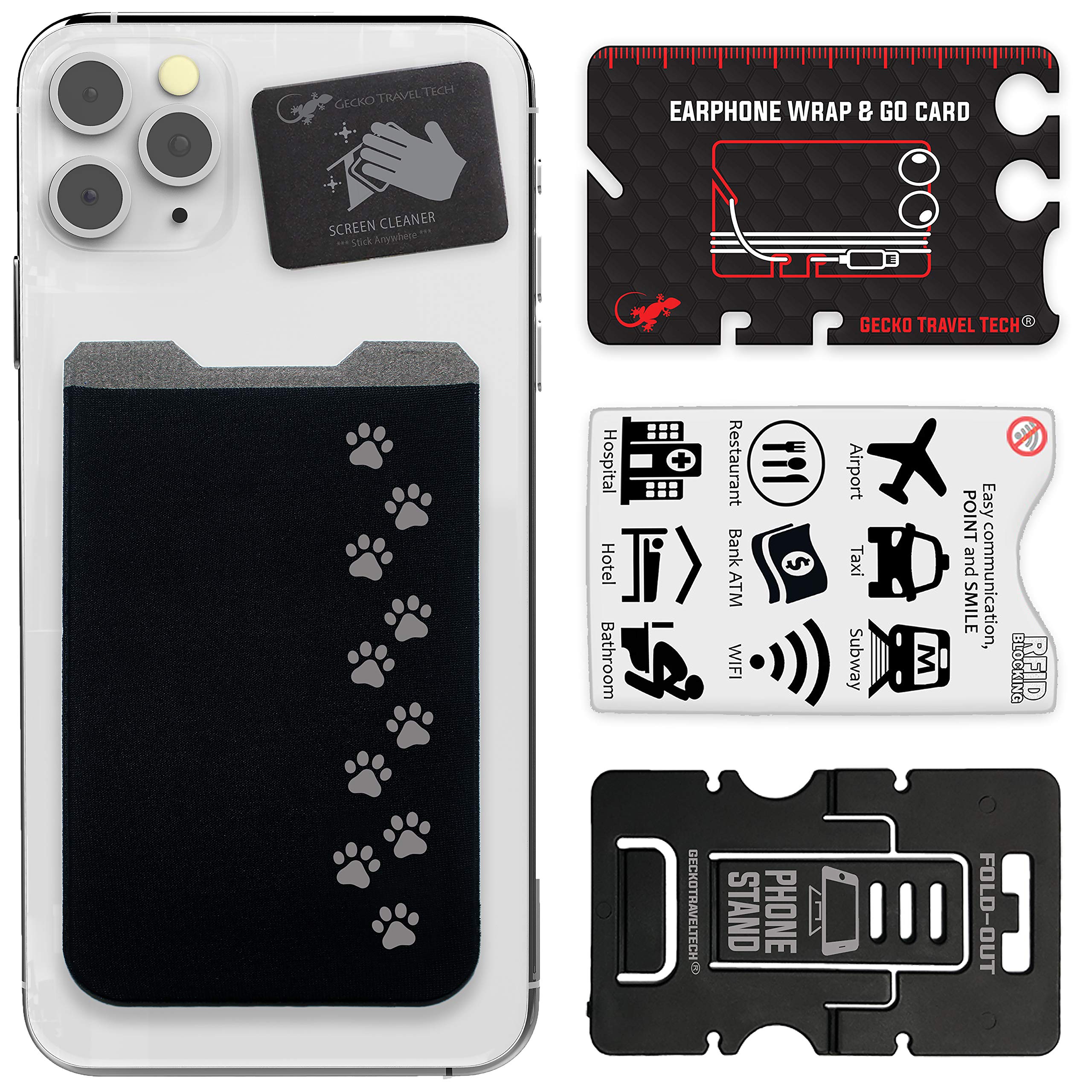 Gecko Cellphone Wallet - Black Dog Paw Phone Wallet Stick On - Adhesive Travel Wallet with Bonus Stand & Screen Cleaner