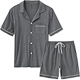 MoFiz Mens Cotton Pajamas Set Sleepwear Shorts Soft Summer Button Down Pjs Set 2 Piece Loungewear with Pockets S-3Xl