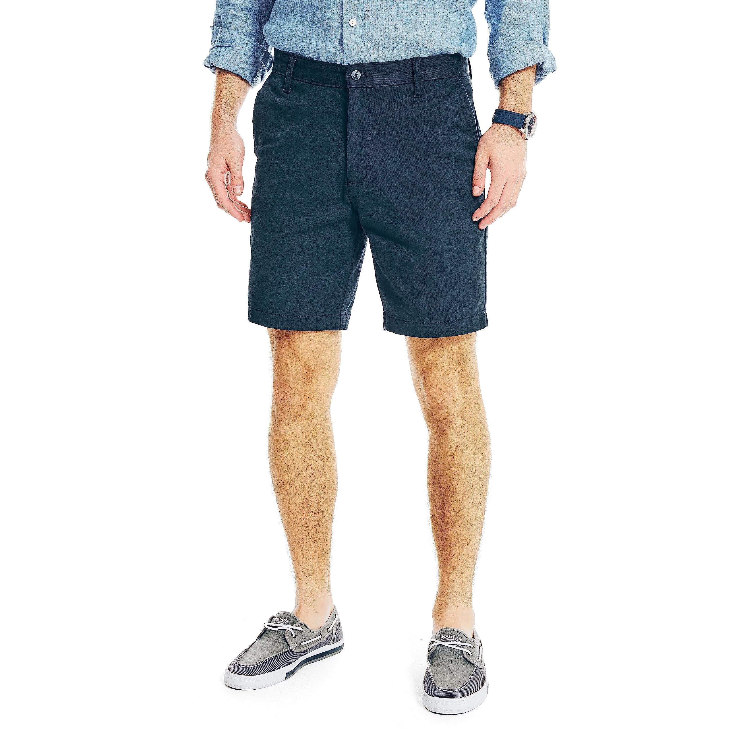 Photo 1 of Nautica Men's Classic Fit Flat Front Stretch Solid Chino 8.5" Deck Shorts, True Navy, 35W