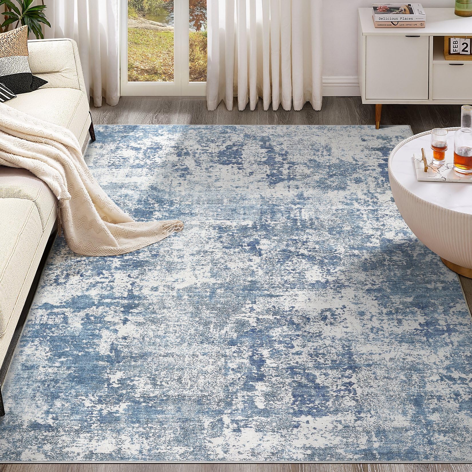 UERMEI 6x9 Area Rug Living Room Rugs - Washable Neutral Modern Abstract Soft Thin Rug Indoor Floor No Slip Rug Carpet for Bedroom Under Dining Table Home Office Decor - Blue White Image