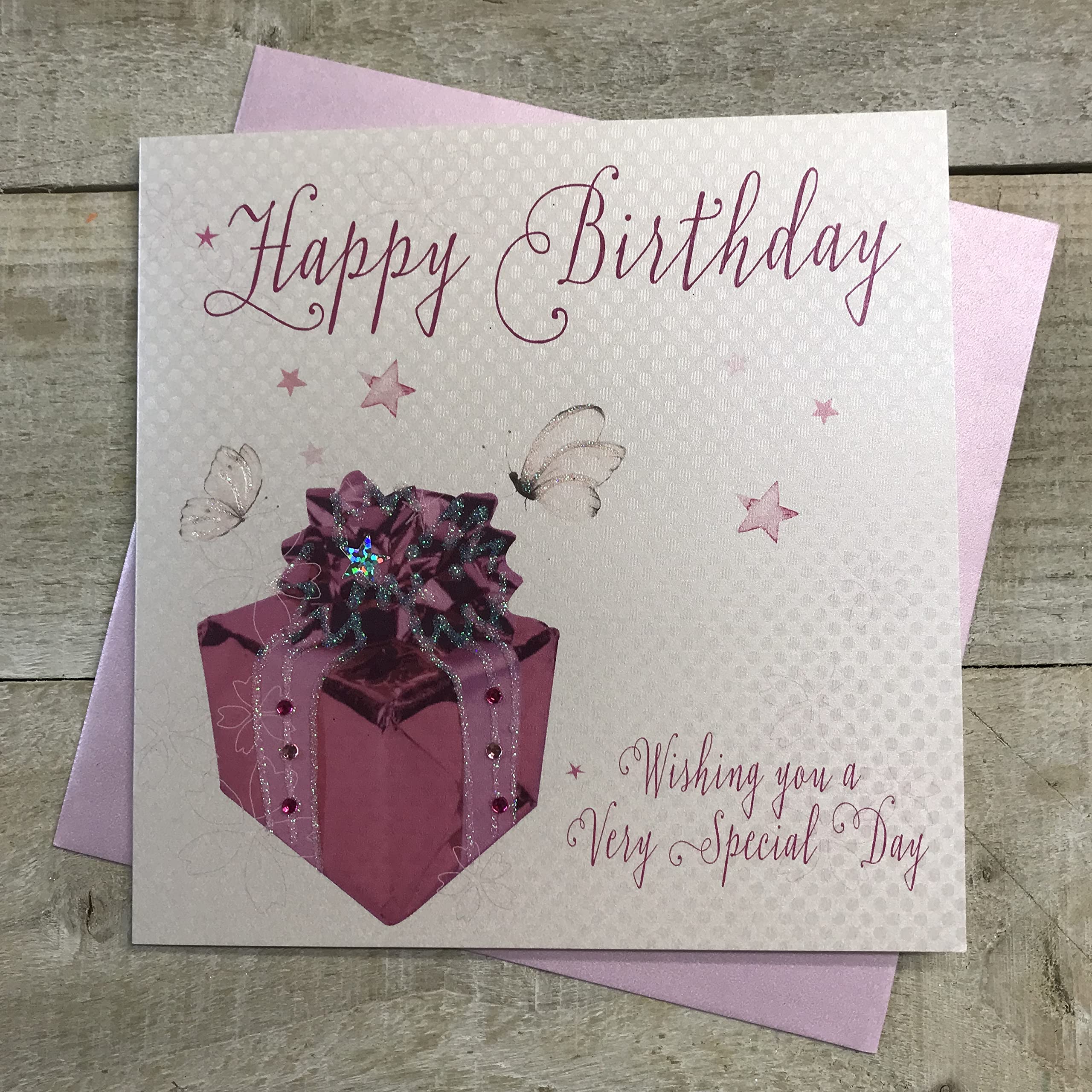 WHITE COTTON CARDS WB187 Present Happy Birthday Handmade Birthday Card, White NEW, 16cm x 16cm