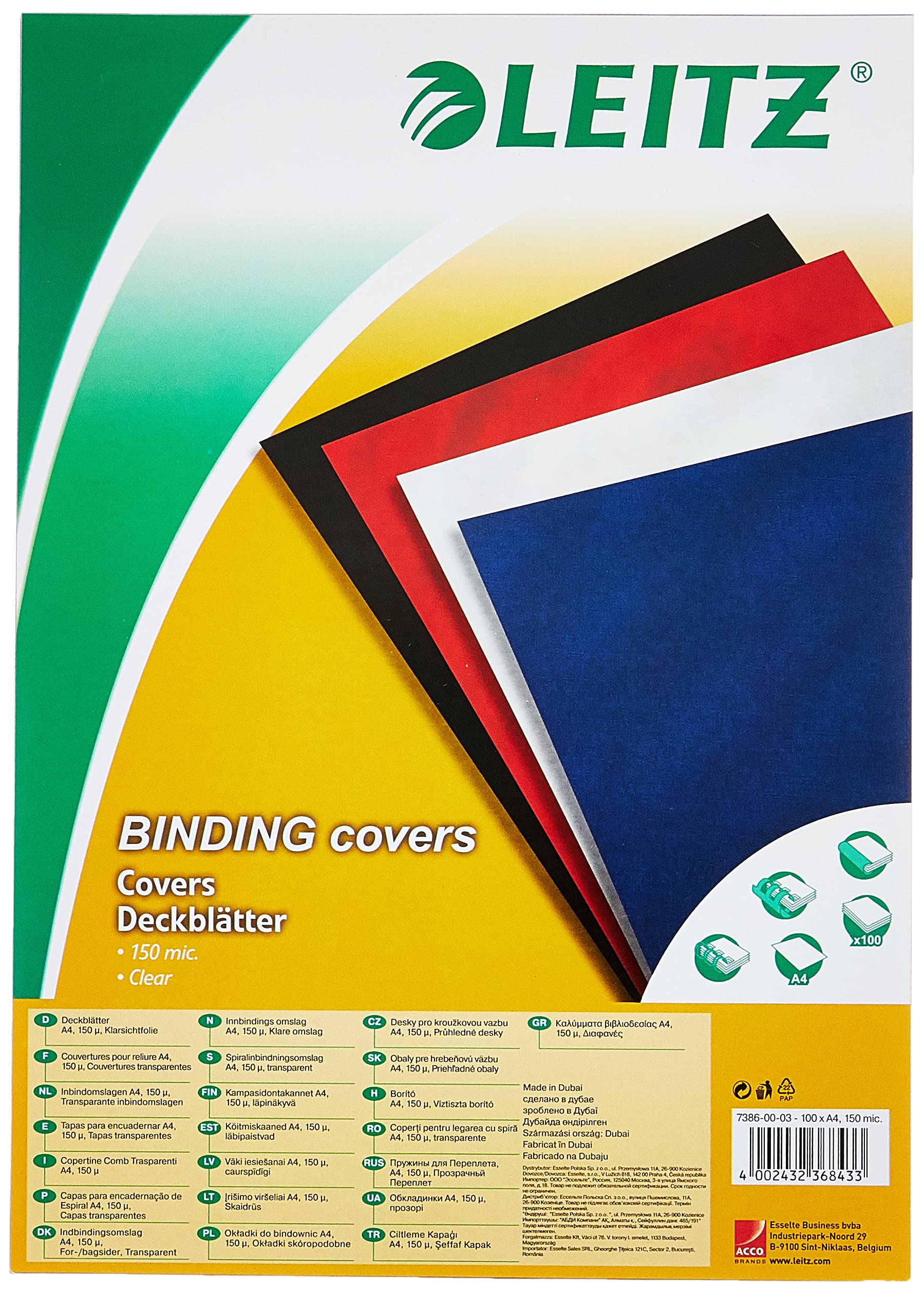 Leitz 73860003 A4 Cover Pages Transparent Plastic Film 100-Pack