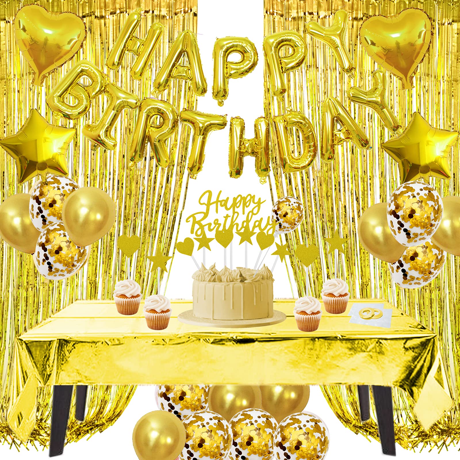 ZERODECO Birthday Decorations Gold, Foil Happy Birthday Balloon Banner Tablecloth Fringe Shiny Curtains Cake Flag Star and Heart Balloons Confetti Latex Balloons for Girls Women Birthday Party