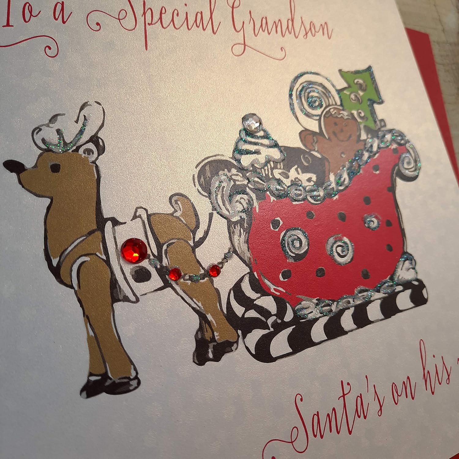 white cotton cards "To a Special Grandson Santa's On His Way! Santa's Sleigh Handmade Card (EX302) - Image 3