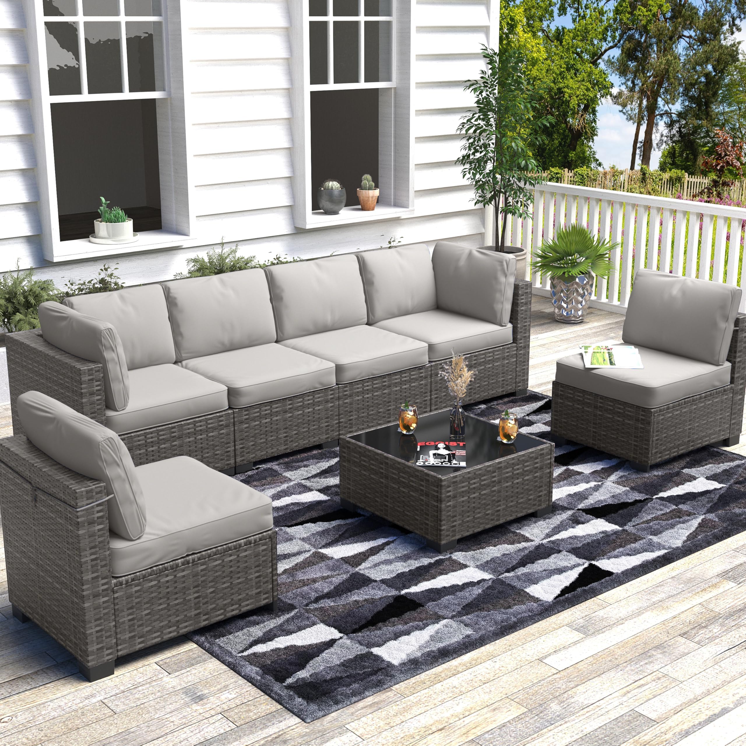 Photo 1 of ***INCOMPLETE***7 Piece Outdoor Patio Furniture Set, PE Rattan Conversation Sofa Set, Wicker Patio Set w/Thick Cushions & Glass Top Coffee Table, All-Weather Outside Furniture for Garden, Balcony, Porch(Grey)