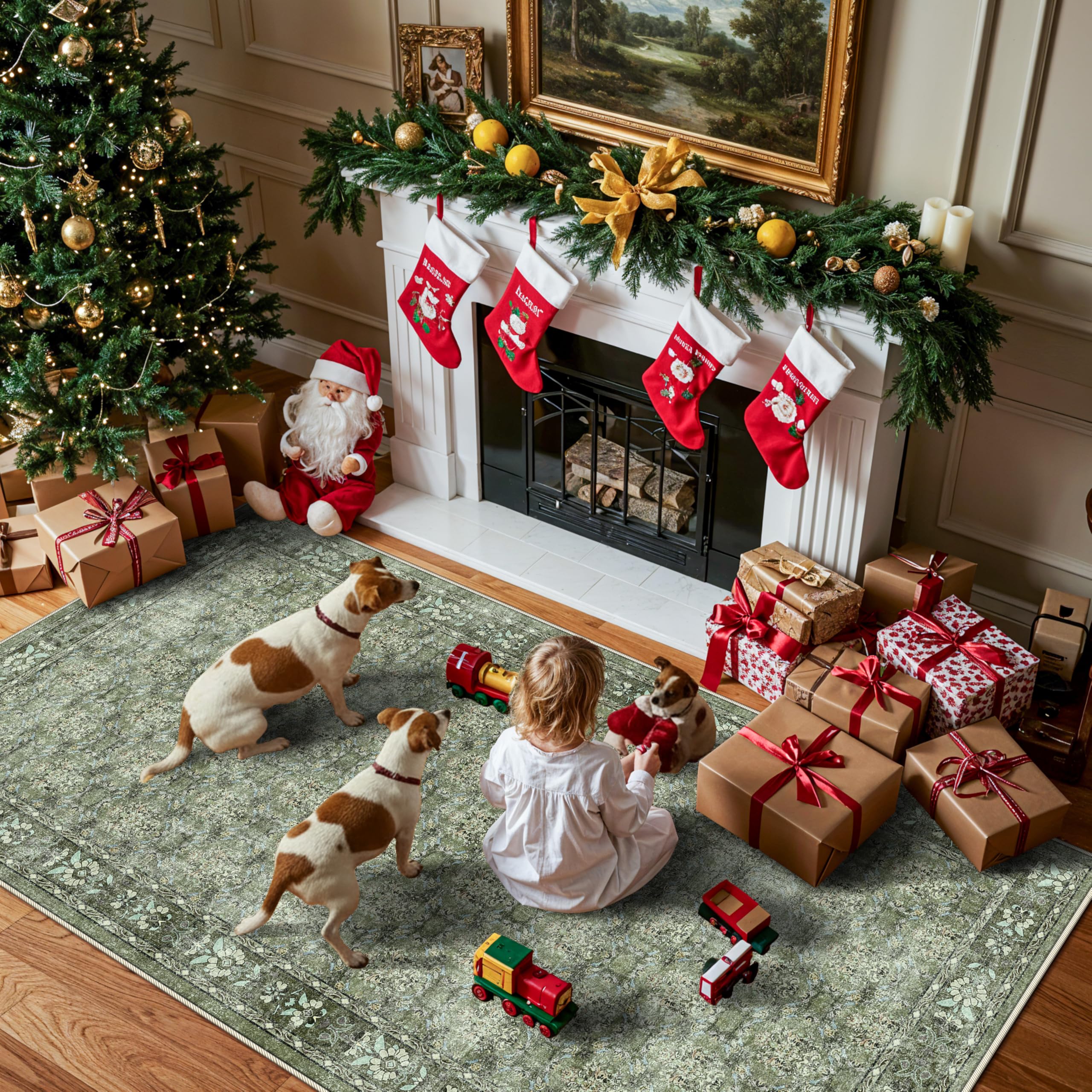 Washable 4x8 Hallway Runner Rug: Vintage Soft Carpet for Living Room Entryway Non-Slip Water Resistant Thin Kitchen Floor Mat Wide Ultra Soft Area Rug for Bedroom Bathroom Dining Room(Green,4x8) Image